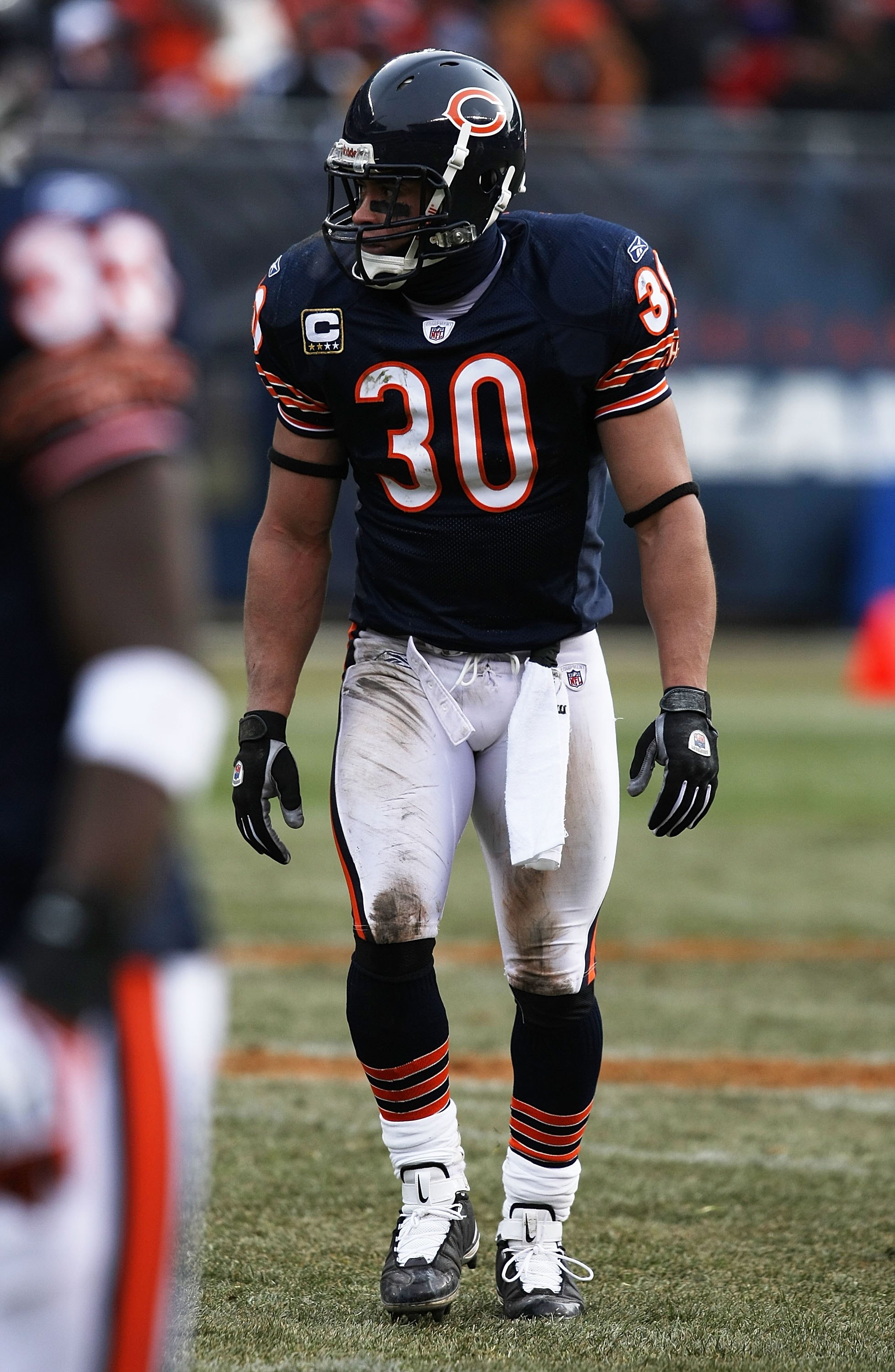 CHICAGO - DECEMBER 07: Mike Brown #30 of the Chicago Bears awaits the start of a play against the Jacksonville Jaguars on December 7, 2008 at Soldier Field in Chicago, Illinois. The Bears defeated the Jaguars 23-10. (Photo by Jonathan Daniel/Getty Images)