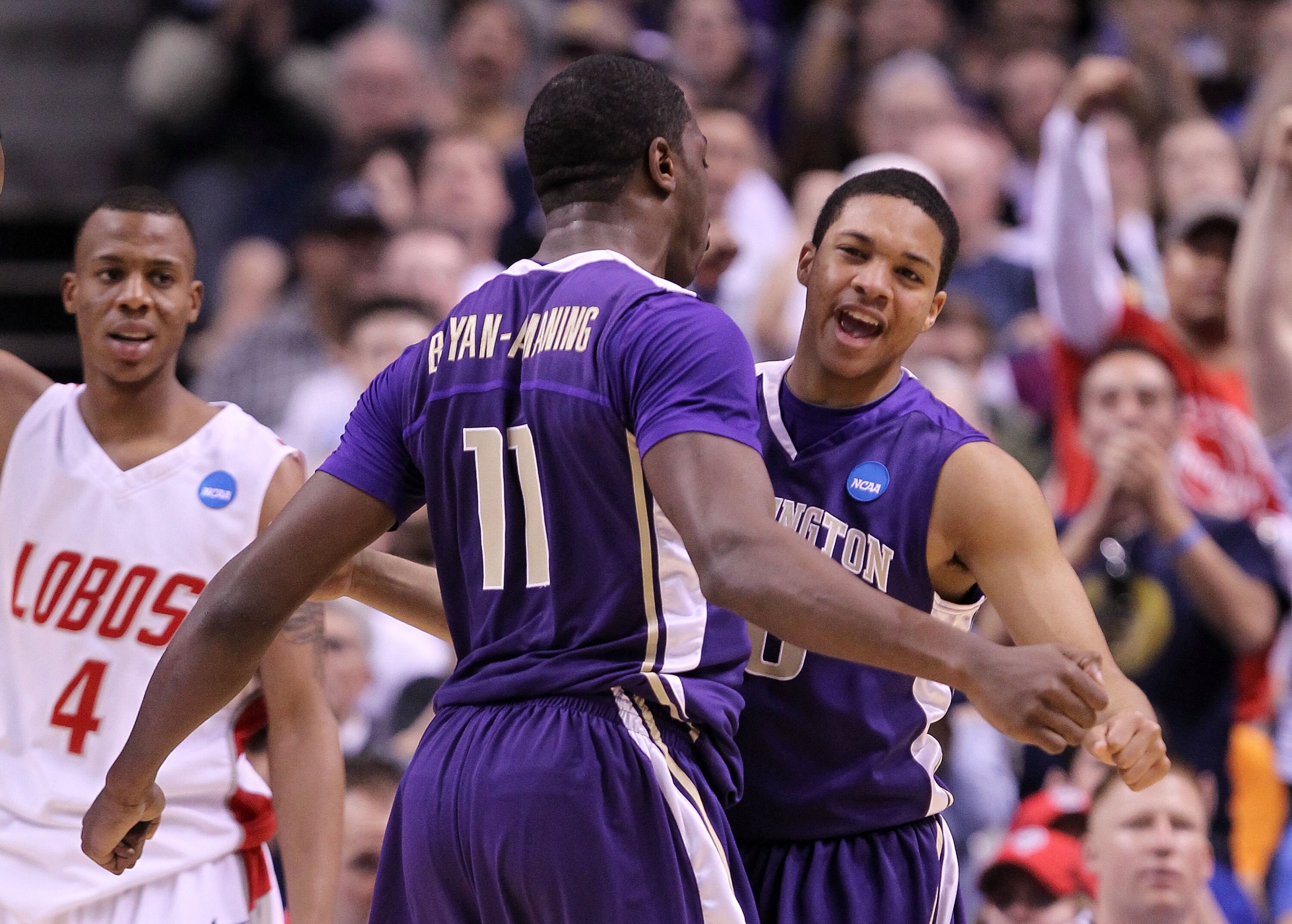 SAN JOSE, CA - MARCH 20:  Forward Matthew Bryan-Amaning #11 and Abdul Gaddy #10 of the Washington Huskies celebrates after a play against the New Mexico Lobos during the second round of the 2010 NCAA men's basketball tournament at HP Pavilion on March 20,