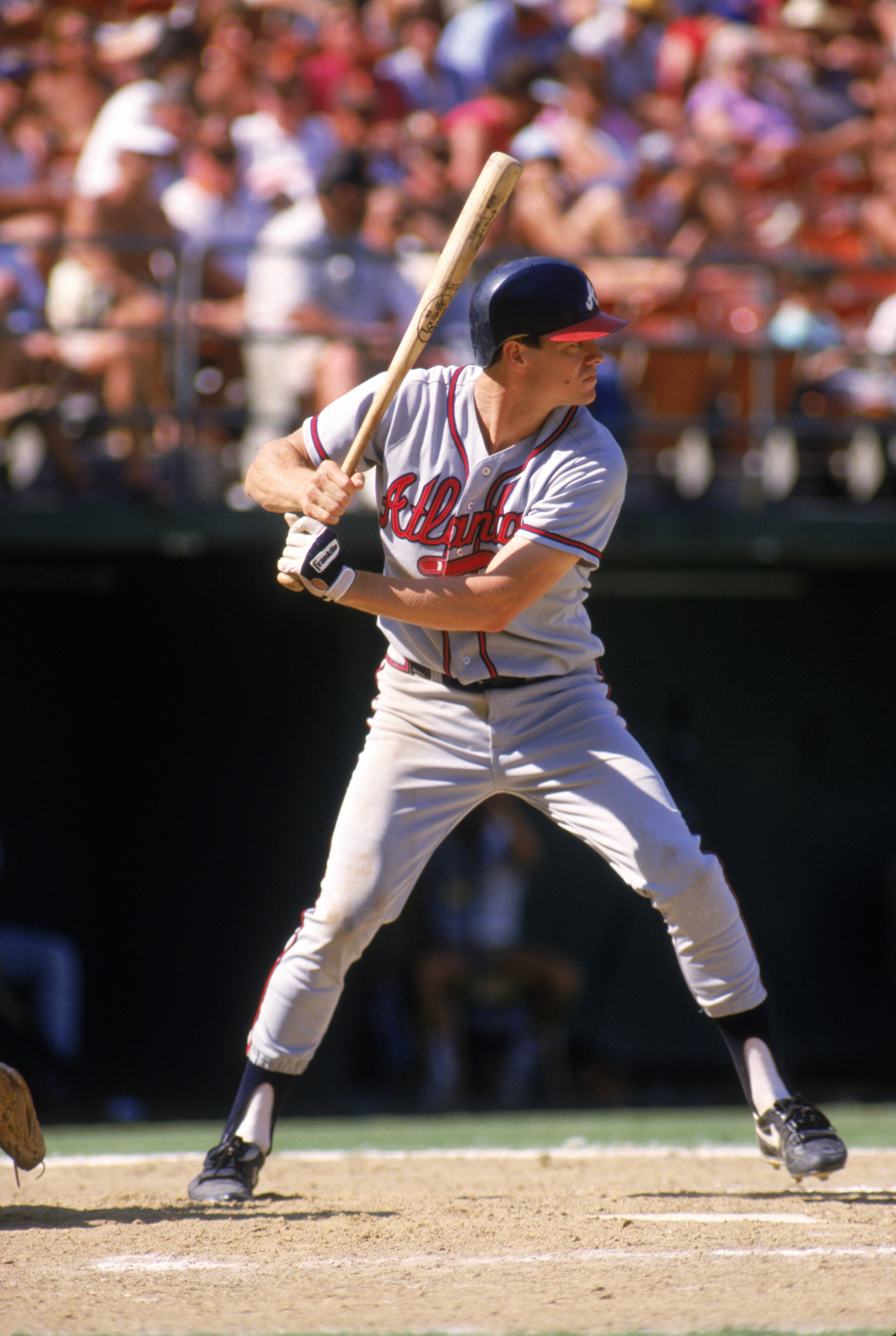 SAN DIEGO - 1987:  Dale Murphy #3 of the Atlanta Braves stands ready at the plate during a game with the San Diego Padres in 1987 at Jack Murphy Stadium in San Diego, California.  (Photo by Stephen Dunn/Getty Images)