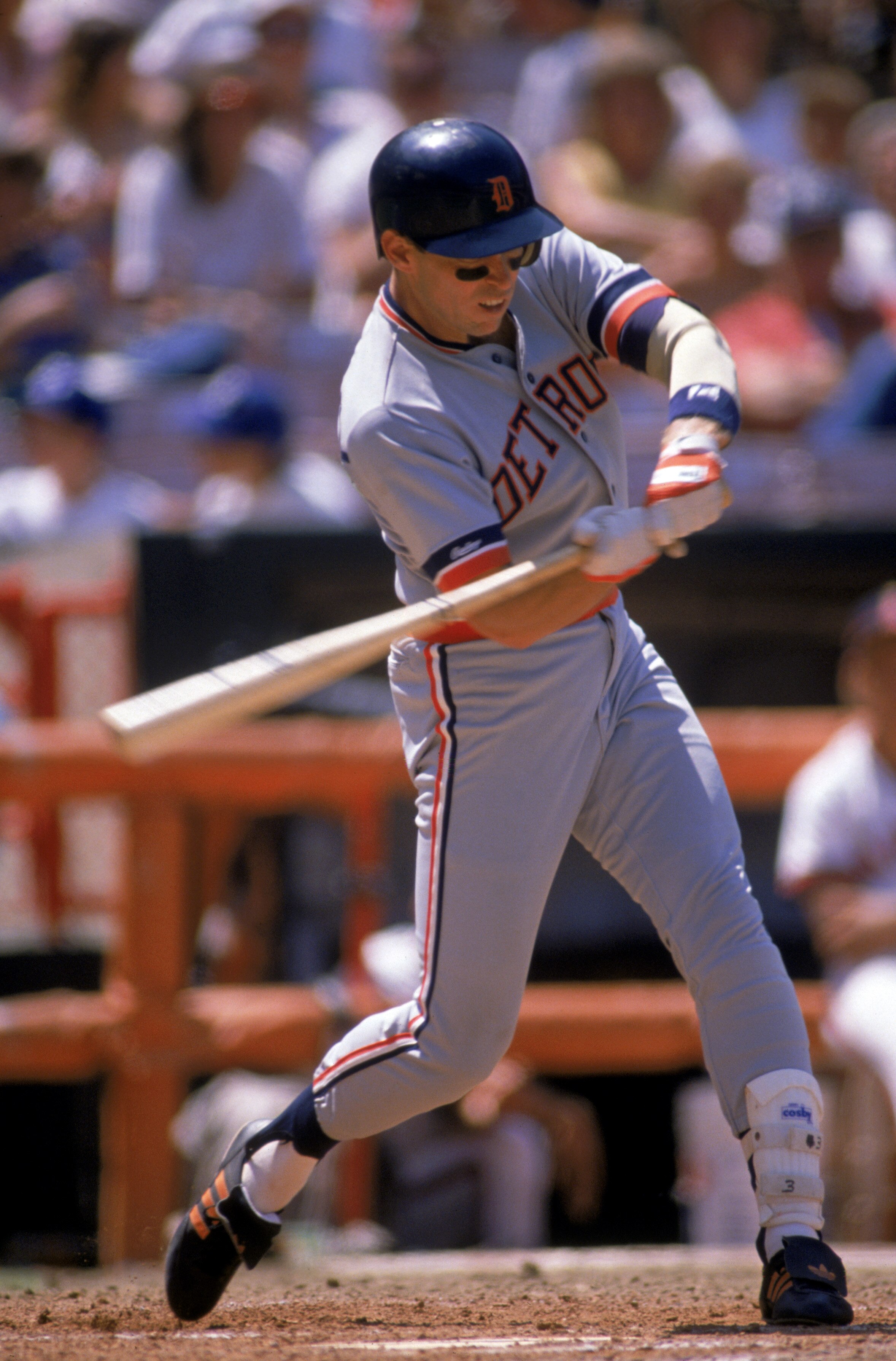 ANAHEIM, CA - 1988:  Alan Trammell #3 of the Detroit Tigers bats during a game in the 1988 season against the California Angels at Anaheim Stadium in Anaheim, California. (Photo by Stephen Dunn/Getty Images)