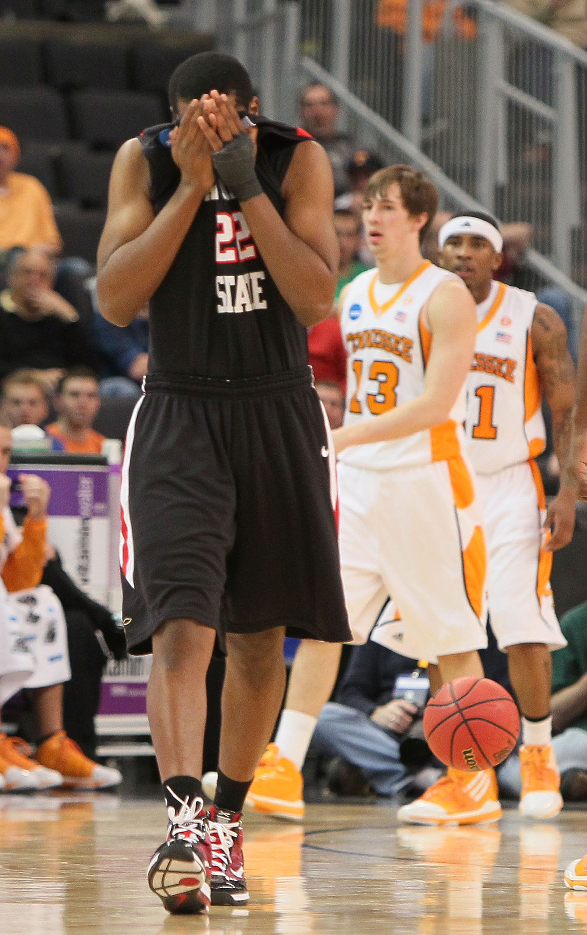 PROVIDENCE, RI - MARCH 19:  Chase Tapley #22 of San Diego State Aztecs reacts after he was called for foul against the Tennessee Volunteers during the first round of the 2010 NCAA men's basketball tournament at Dunkin' Donuts Center on March 19, 2010 in P