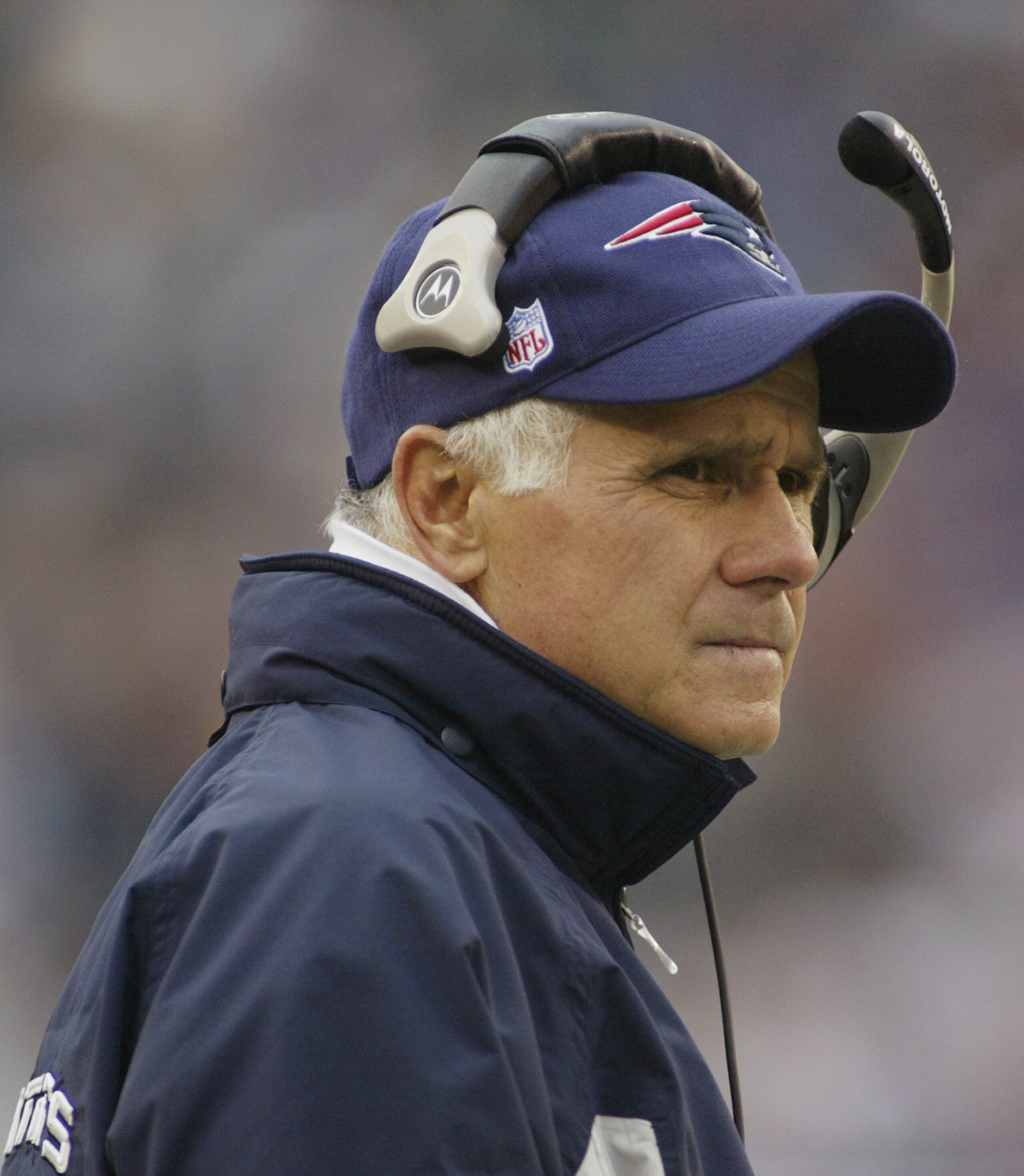 FOXBOROUGH, MA - OCTOBER 24:  Offensive Line and Assistant Head Coach Dante Scarnecchia of the New England Patriots looks on from the sideline during the game against the New York Jets on October 24, 2004 at Gillette Stadium in Foxboro, Massachusetts. The