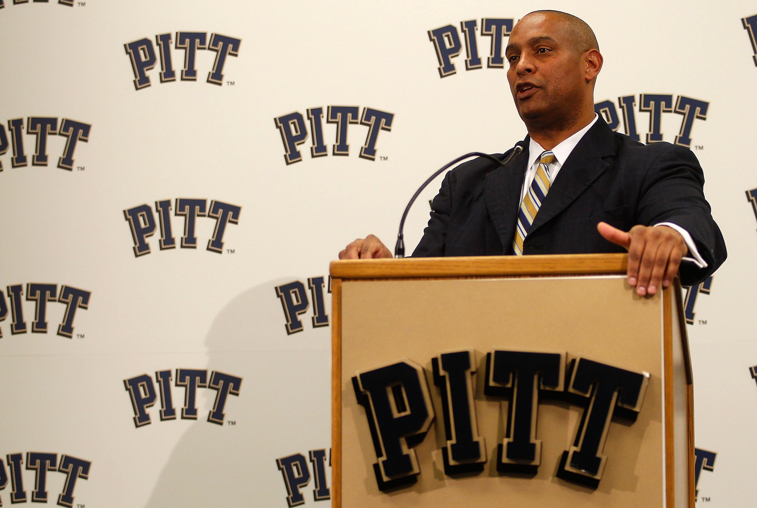PITTSBURGH - DECEMBER 16:  The new University of Pittsburgh head football coach, Mike Haywood, speaks during a press conference on December 16, 2010 at the University of Pittsburgh Panthers South Side training facility in Pittsburgh, Pennsylvania.  (Photo