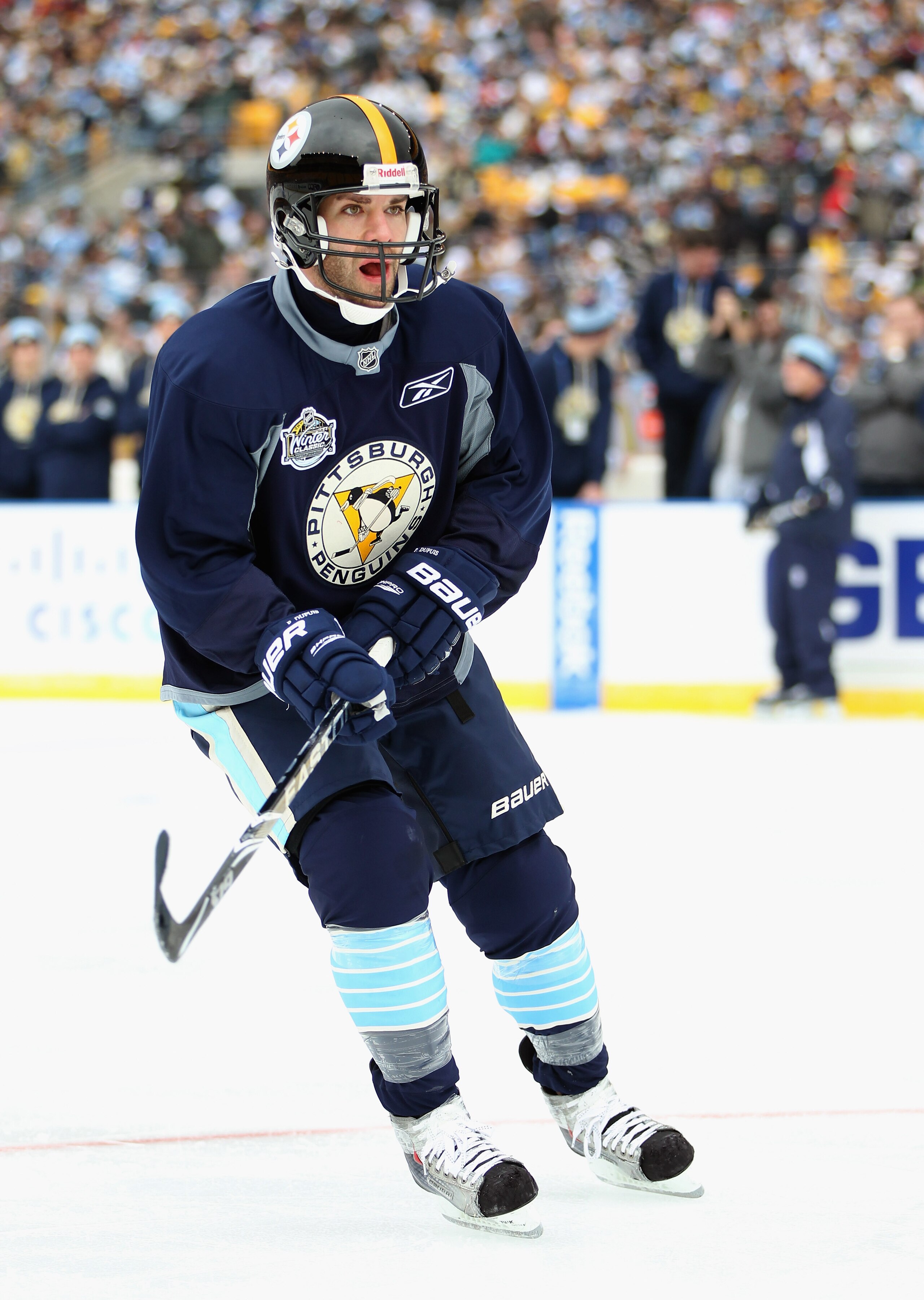 PITTSBURGH, PA - DECEMBER 31:  Pascal Dupuis #9 of the Pittsburgh Penguins wears a Pittsburgh Steelers helmet during practice for the 2011 NHL Winter Classic between the Penguins and the Washington Capitals on December 31, 2010 at Heinz Field in Pittsburg