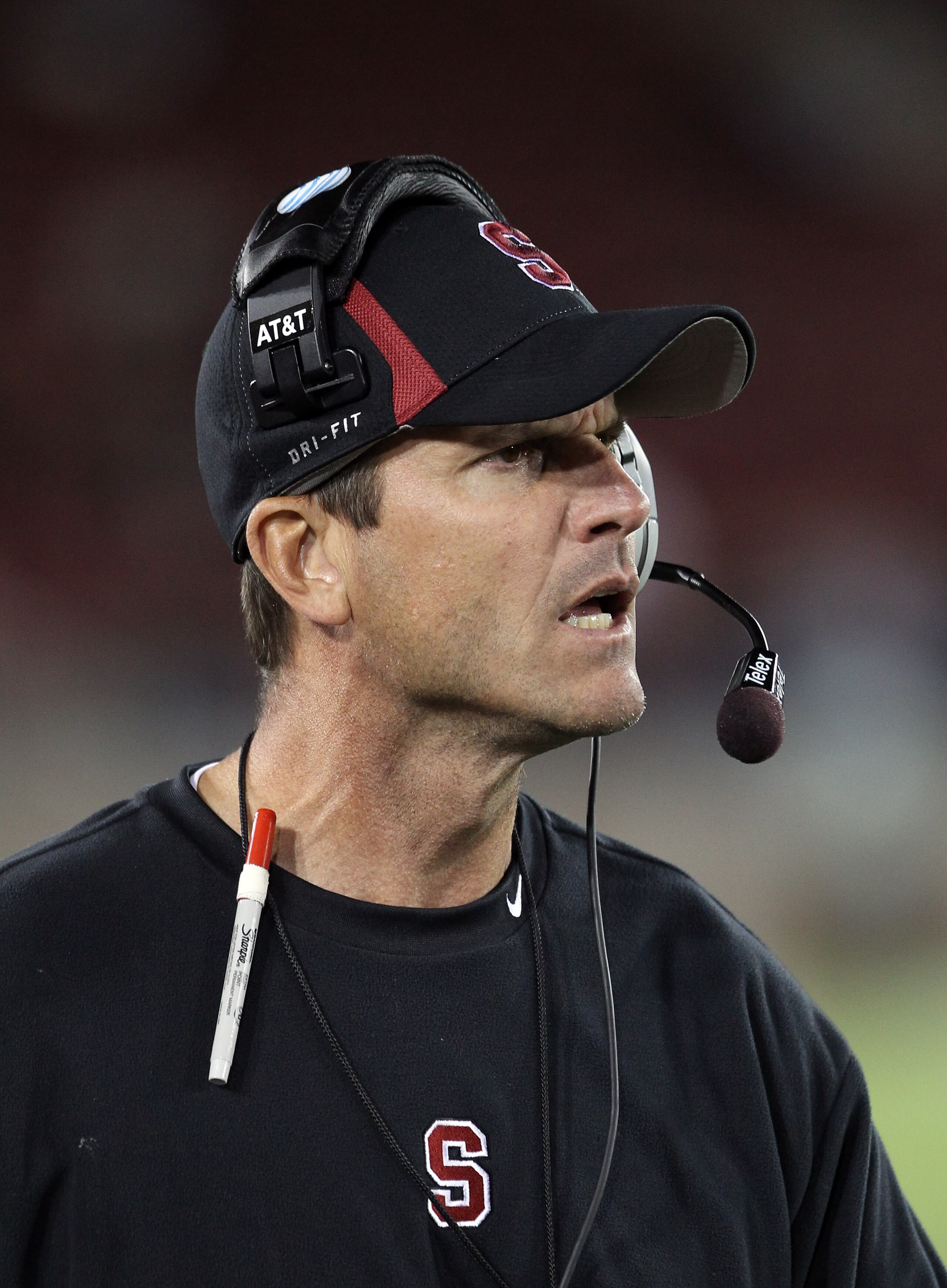 PALO ALTO, CA - SEPTEMBER 18:  Head coach Jim Harbaugh of the Stanford Cardinal watches his team during their game against the Wake Forest Demon Deacons at Stanford Stadium on September 18, 2010 in Palo Alto, California.  (Photo by Ezra Shaw/Getty Images)