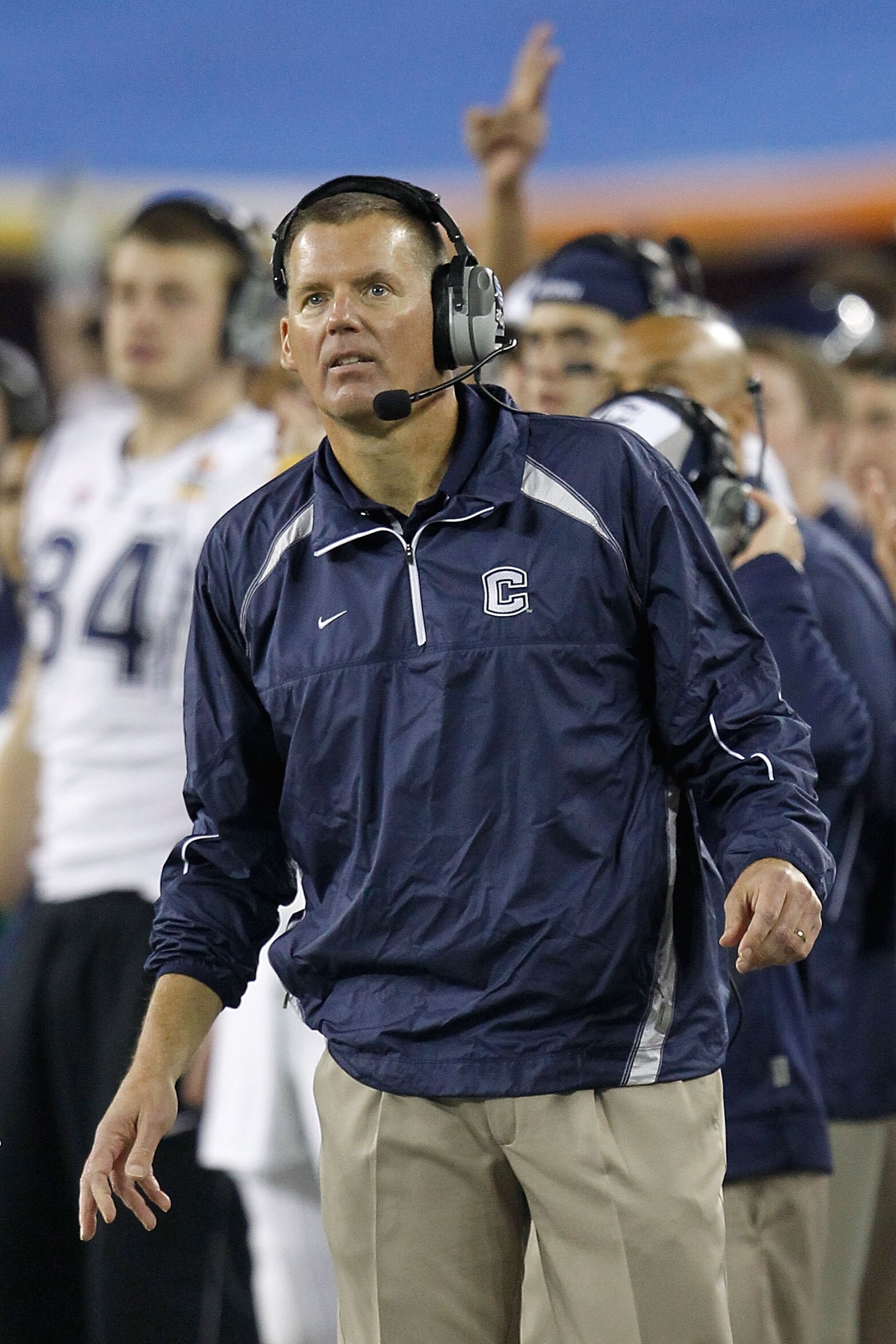 GLENDALE, AZ - JANUARY 01:  Head coach Randy Edall of the Connecticut Huskies looks on in the first half while taking on the Oklahoma Sooners during the Tostitos Fiesta Bowl at the Universtity of Phoenix Stadium on January 1, 2011 in Glendale, Arizona.  (