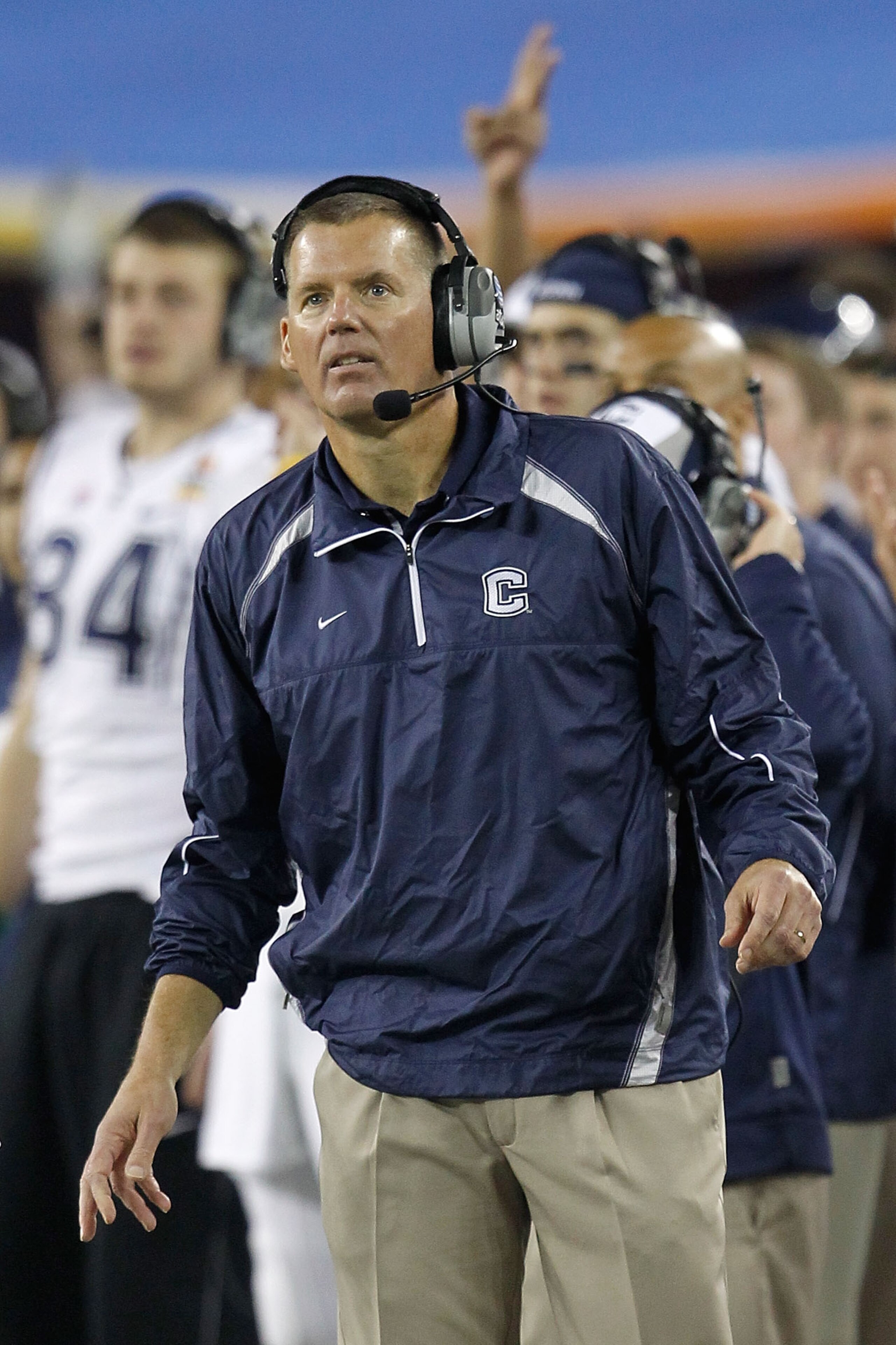 GLENDALE, AZ - JANUARY 01:  Head coach Randy Edall of the Connecticut Huskies looks on in the first half while taking on the Oklahoma Sooners during the Tostitos Fiesta Bowl at the Universtity of Phoenix Stadium on January 1, 2011 in Glendale, Arizona.  (
