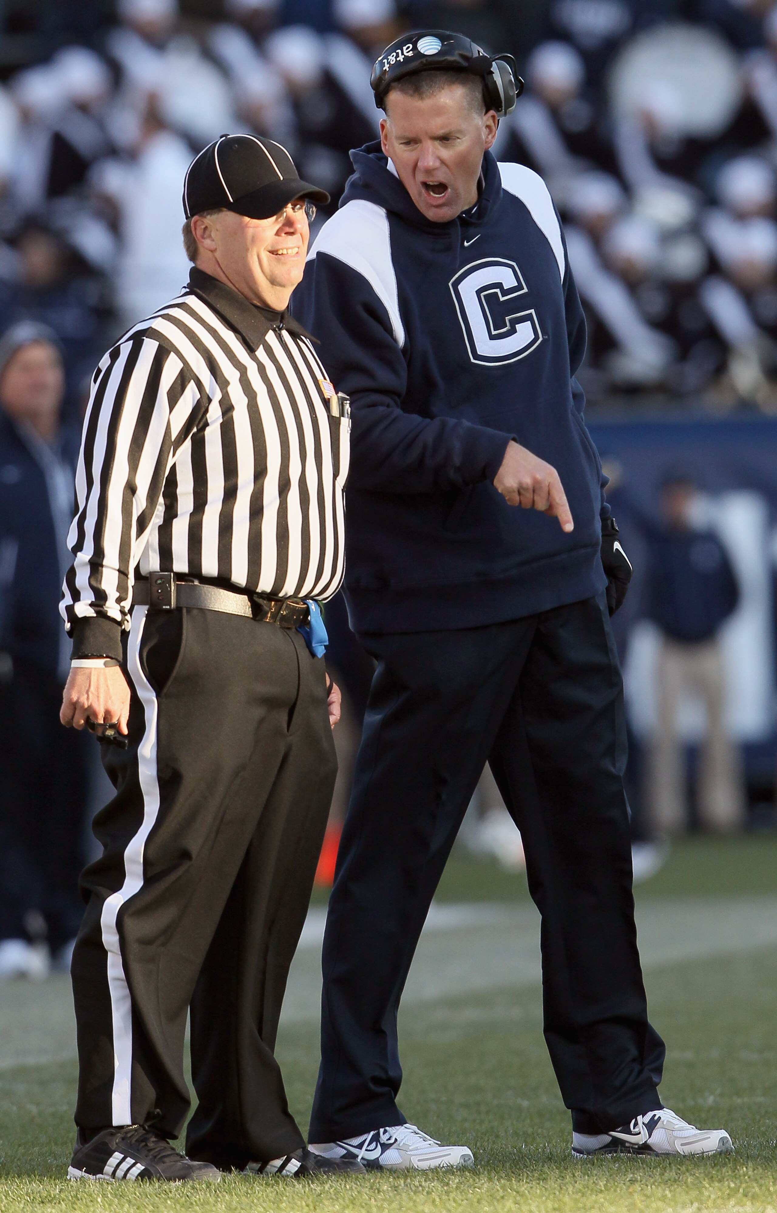 EAST HARTFORD, CT - NOVEMBER 27:  Head coach Randy Edsall of the Connecticut Huskies argues a call against his team in the fourth quarter against the Cincinnati Bearcats on November 27, 2010 at Rentschler Field in East Hartford, Connecticut. The Huskies d