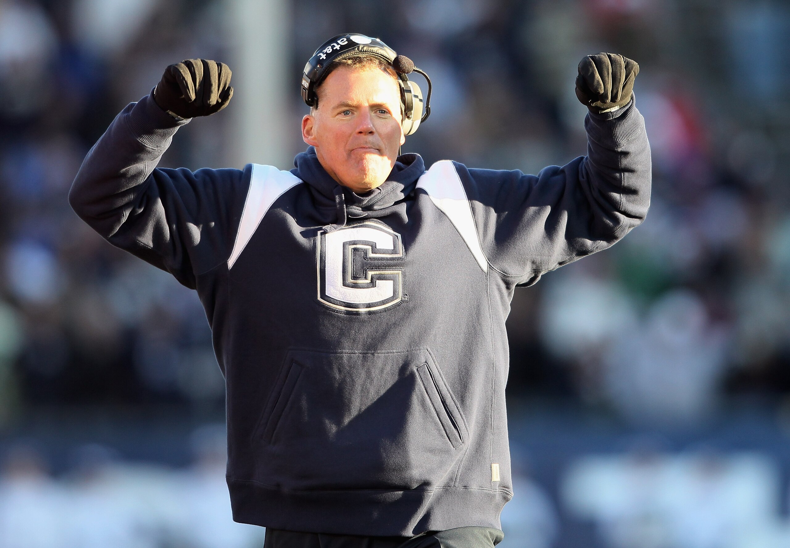 EAST HARTFORD, CT - NOVEMBER 27:  Head coach Randy Edsall of the Connecticut Huskies directs his players in the fourth quarter against the Cincinnati Bearcats on November 27, 2010 at Rentschler Field in East Hartford, Connecticut. The Huskies defeated the