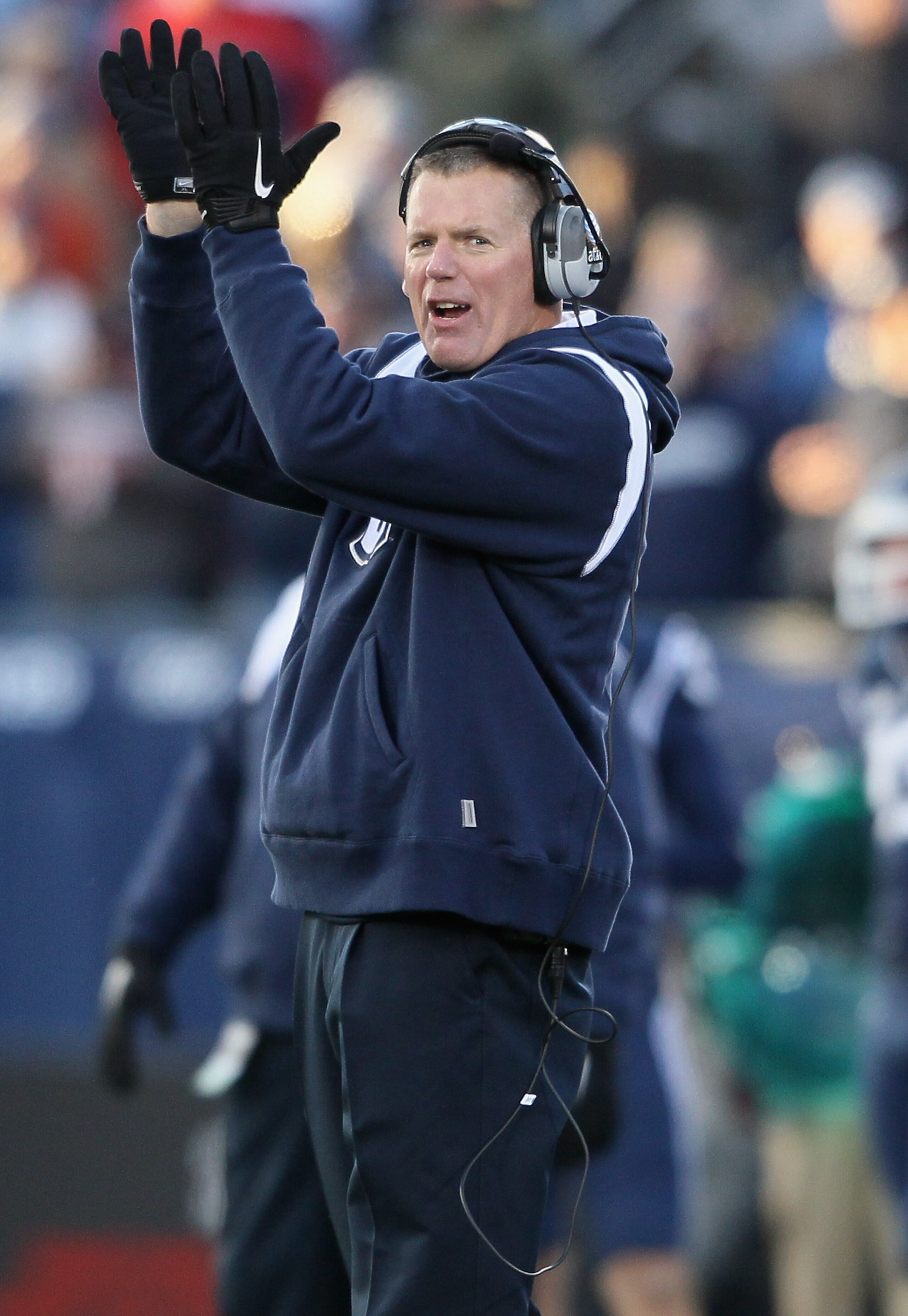 EAST HARTFORD, CT - NOVEMBER 27:  Head coach Randy Edsall of the Connecticut Huskies directs his players in the fourth quarter against the Cincinnati Bearcats on November 27, 2010 at Rentschler Field in East Hartford, Connecticut. The Huskies defeated the