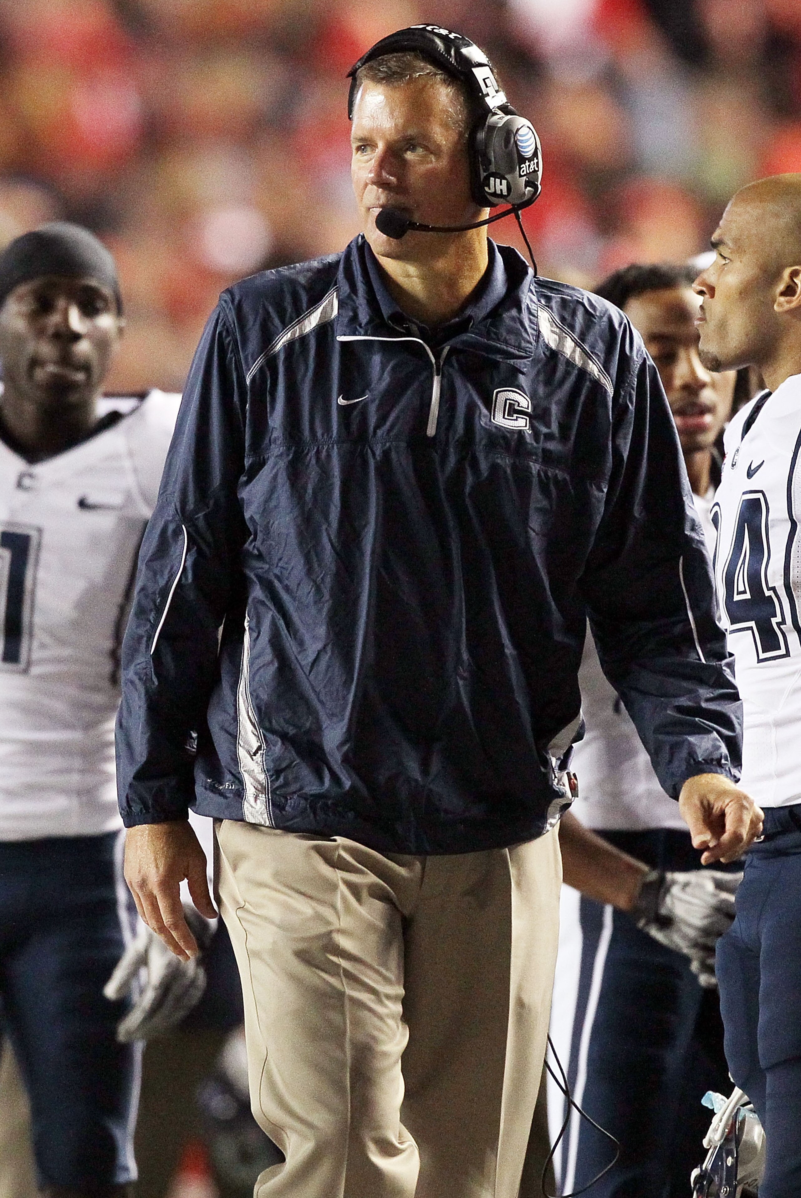 PISCATAWAY, NJ - OCTOBER 08:  Head coach Randy Edsall of the Connecticut Huskies looks on against the Rutgers Scarlet Knights at Rutgers Stadium on October 8, 2010 in Piscataway, New Jersey.  (Photo by Jim McIsaac/Getty Images)