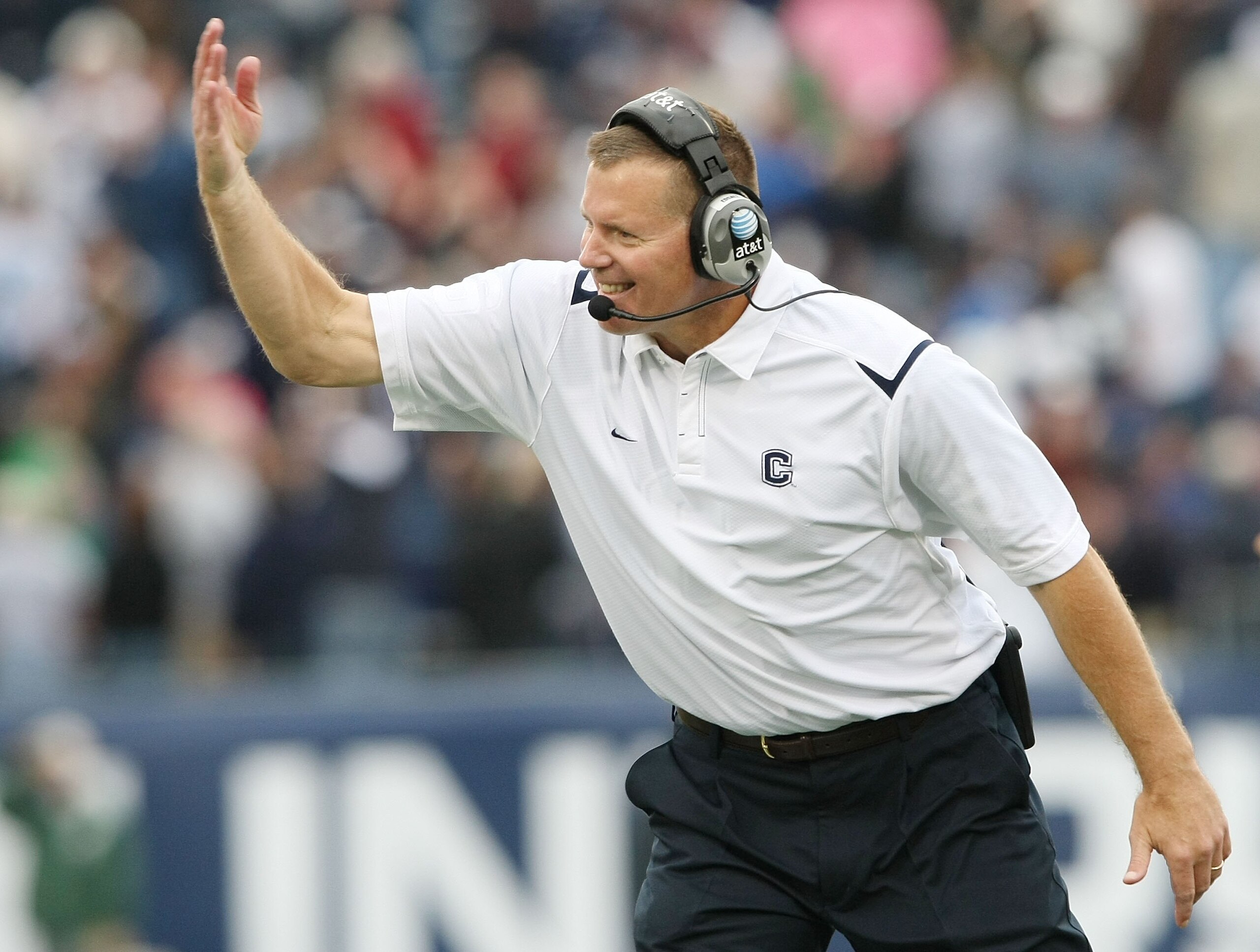 EAST HARTFORD, CT - OCTOBER 31:  Head coach Randy Edsall of the Connecticut Huskies encourages his players in the fourth quarter against the Rutgers Scarlet Knights on October 31, 2009 at Rentschler Field in East Hartford, Connecticut.  (Photo by Elsa/Get