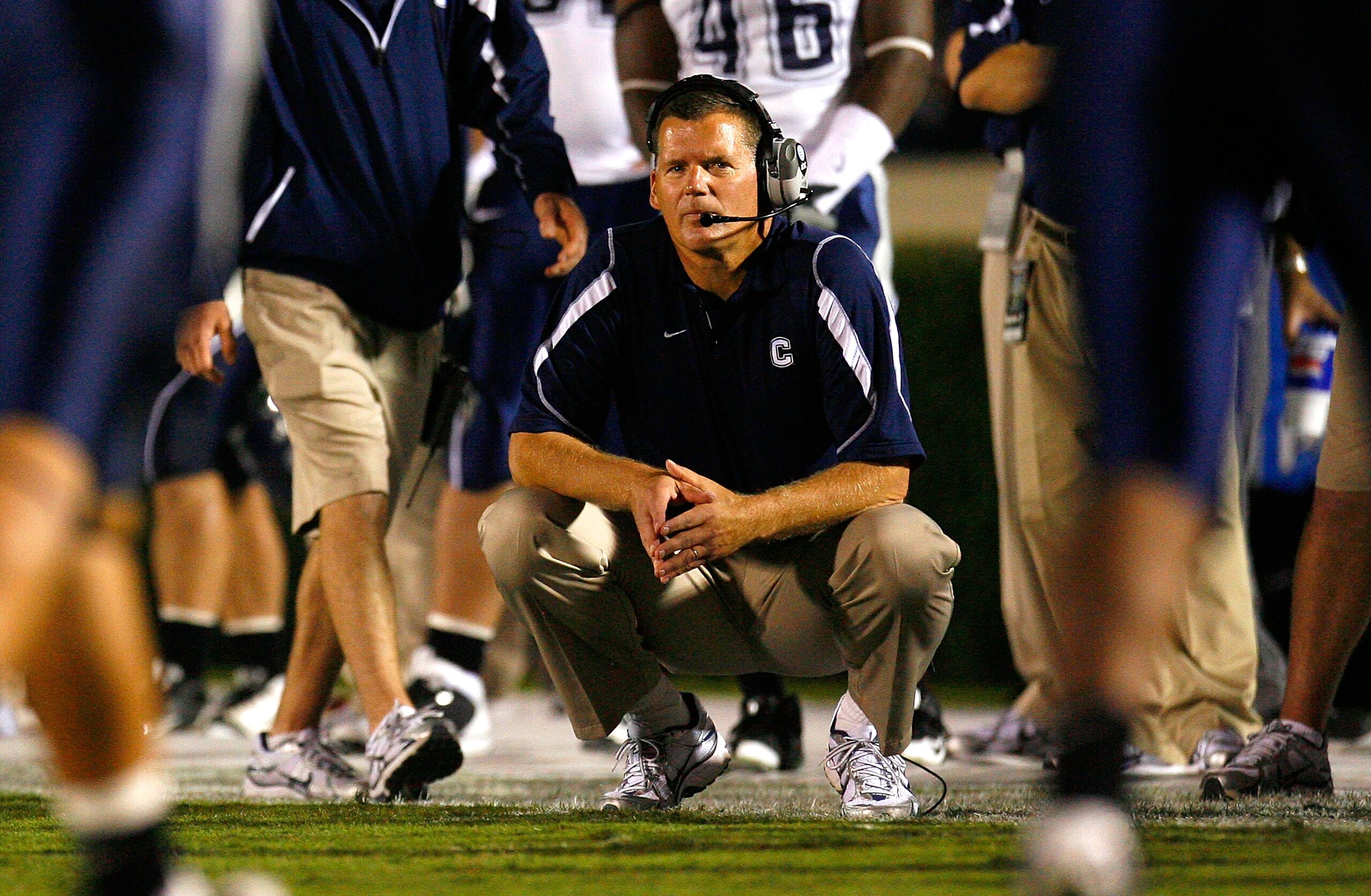 CHAPEL HILL, NC - OCTOBER 04:  Head coach Randy Edsall of the Connecticut Huskies looks on from the sidelines against the North Carolina Tar Heels during the game at Kenan Stadium on October 4, 2008 in Chapel Hill, North Carolina.  (Photo by Kevin C. Cox/