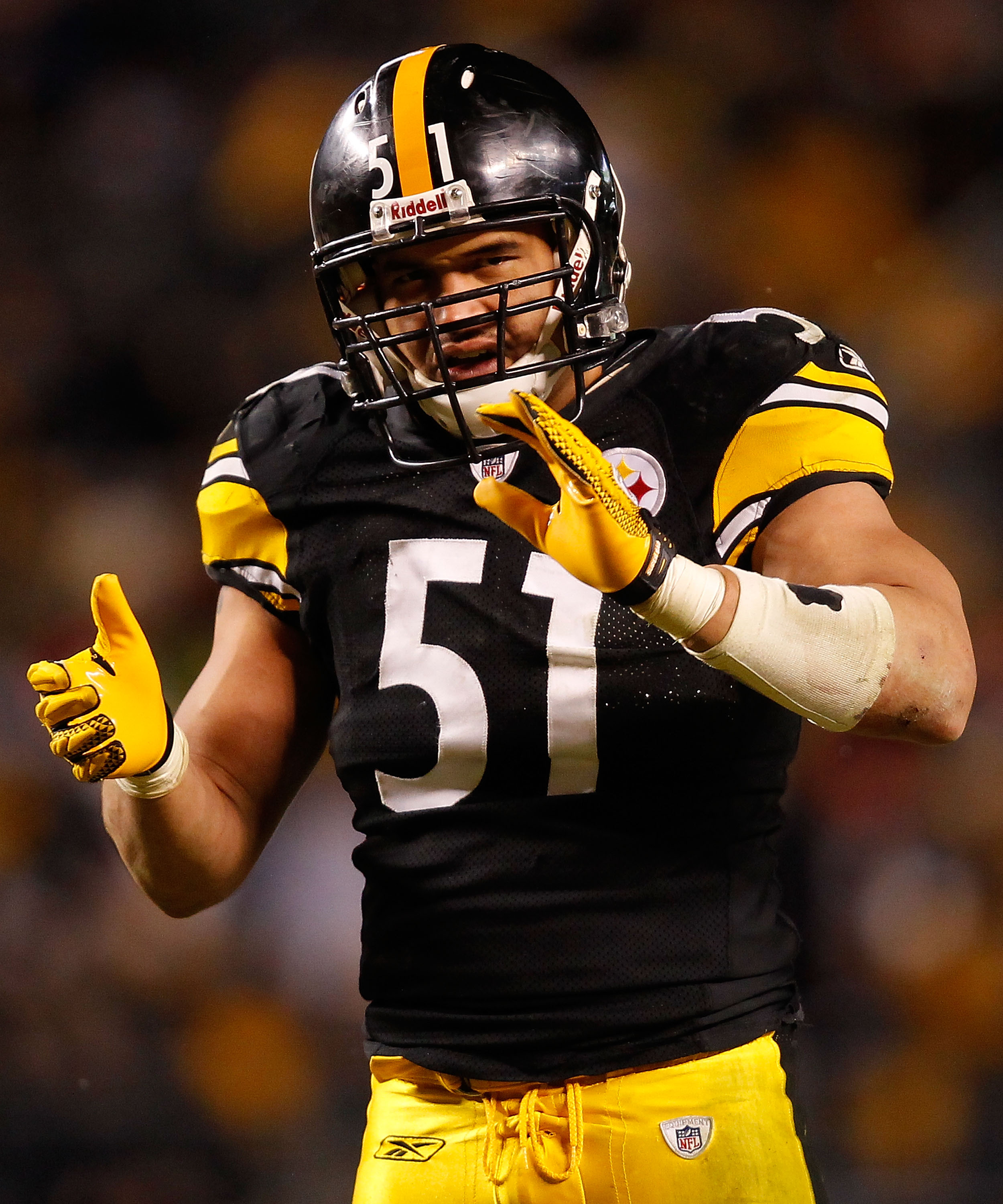 PITTSBURGH - DECEMBER 23:  James Farrior #51 of the Pittsburgh Steelers pumps up the crowd during the game against the Carolina Panthers on December 23, 2010 at Heinz Field in Pittsburgh, Pennsylvania.  (Photo by Jared Wickerham/Getty Images)