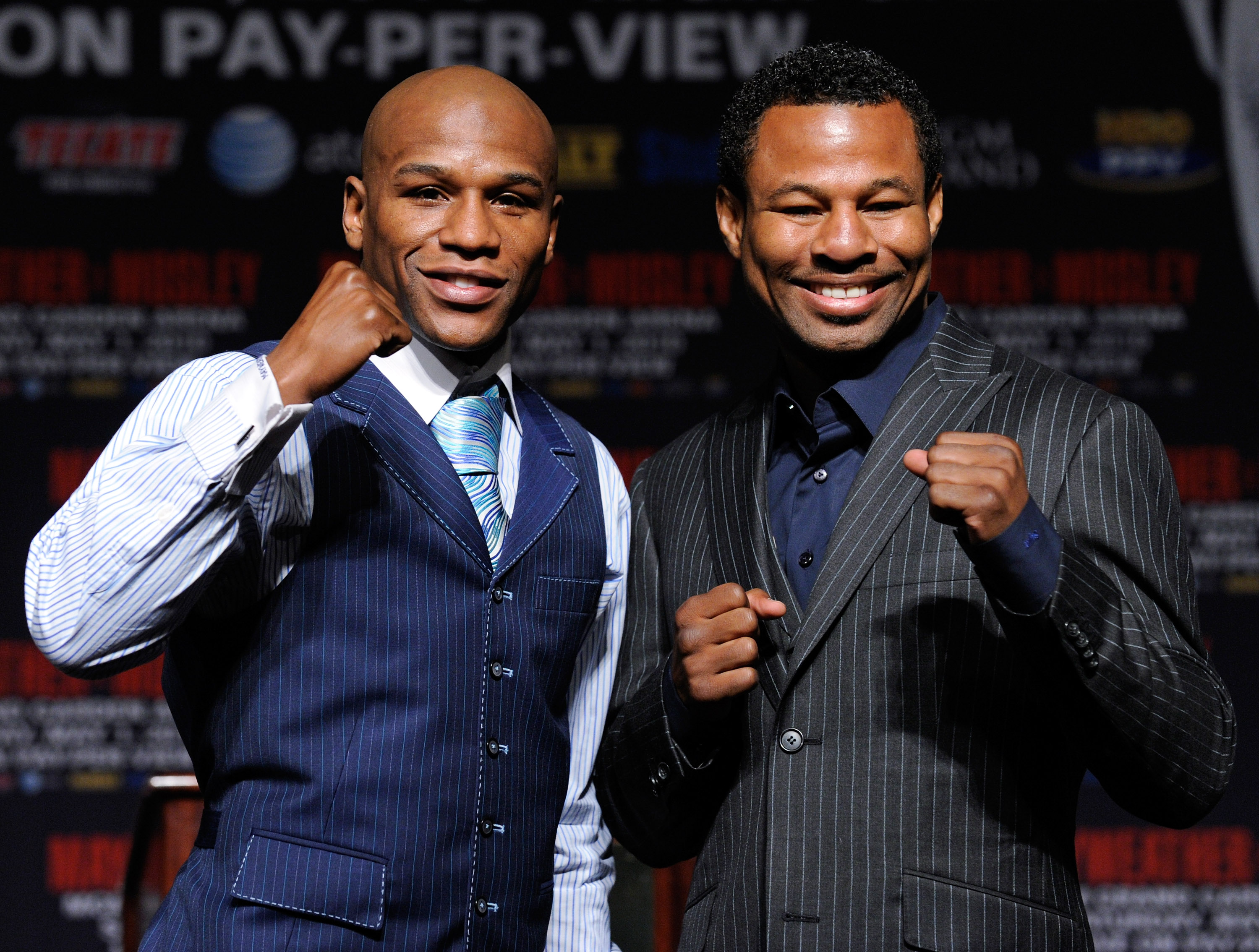 LAS VEGAS - APRIL 28:  Boxers Floyd Mayweather Jr. (L) and Shane Mosley pose during their final news conference at the MGM Grand Hotel/Casino April 28, 2010 in Las Vegas, Nevada. Mayweather and Mosley will meet in a 12-round welterweight bout on May 1, 20