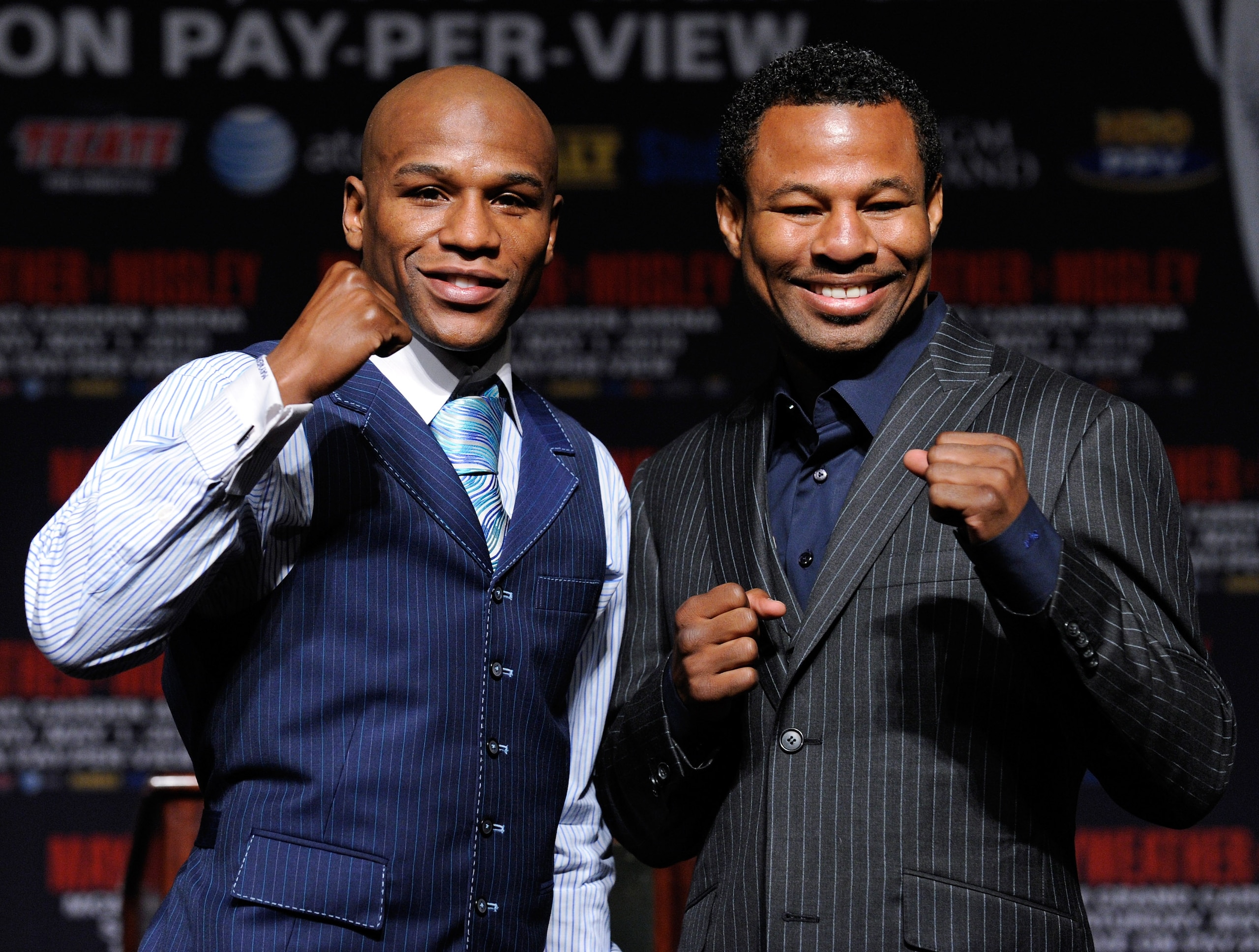 LAS VEGAS - APRIL 28:  Boxers Floyd Mayweather Jr. (L) and Shane Mosley pose during their final news conference at the MGM Grand Hotel/Casino April 28, 2010 in Las Vegas, Nevada. Mayweather and Mosley will meet in a 12-round welterweight bout on May 1, 20