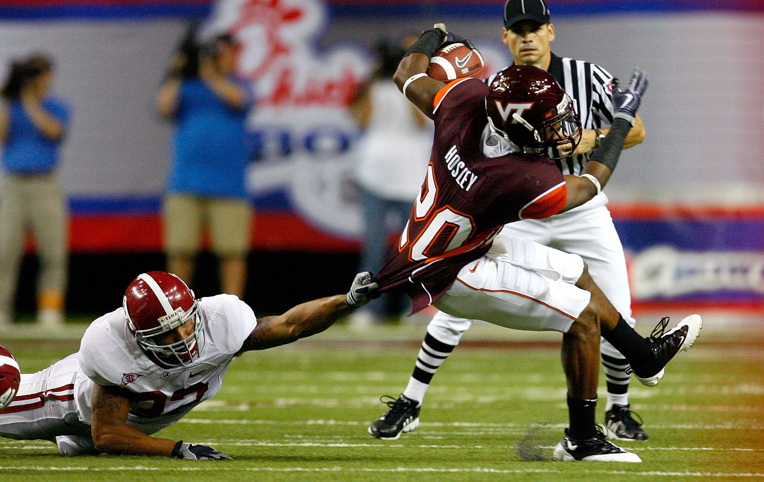 ATLANTA - SEPTEMBER 05: Cornerback Jayron Hosley #20 of the Virginia Tech Hokies breaks a tackle by Eryk Anders #32 of the Alabama Crimson Tide during the Chick-fil-A Kickoff Game at Georgia Dome on September 5, 2009 in Atlanta, Georgia. (Photo by Kevin ATLANTA - SEPTEMBER 05: Cornerback Jayron Hosley #20 of the Virginia Tech Hokies breaks a tackle by Eryk Anders #32 of the Alabama Crimson Tide during the Chick-fil-A Kickoff Game at Georgia Dome on September 5, 2009 in Atlanta, Georgia. (Photo by Kevin