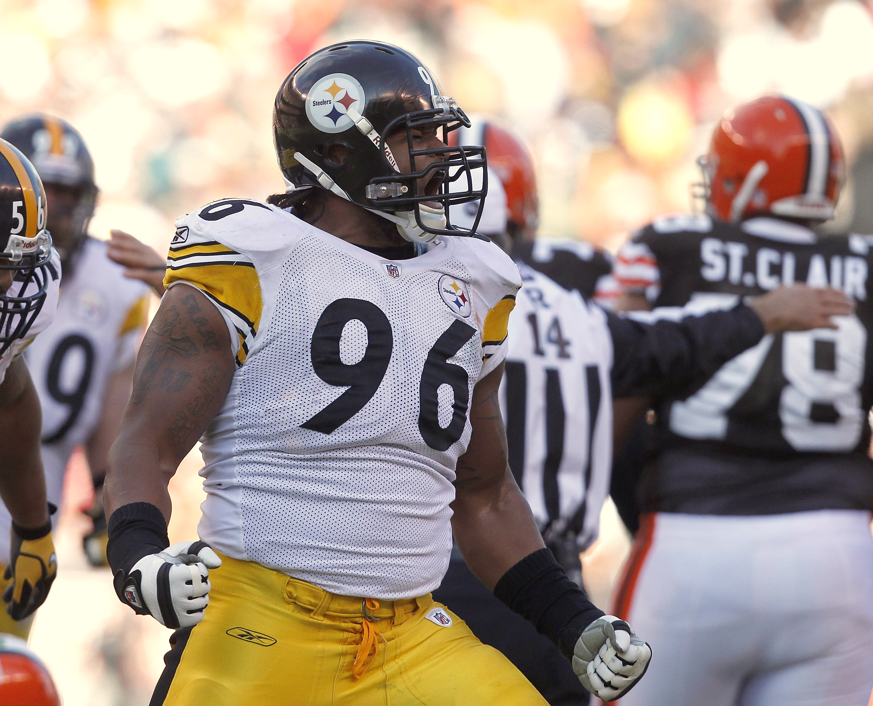 CLEVELAND, OH - JANUARY 02:  Defensive end Ziggy Hood #96 of the Pittsburgh Steelers celebrates after a sack against the Cleveland Browns at Cleveland Browns Stadium on January 2, 2011 in Cleveland, Ohio.  (Photo by Matt Sullivan/Getty Images)