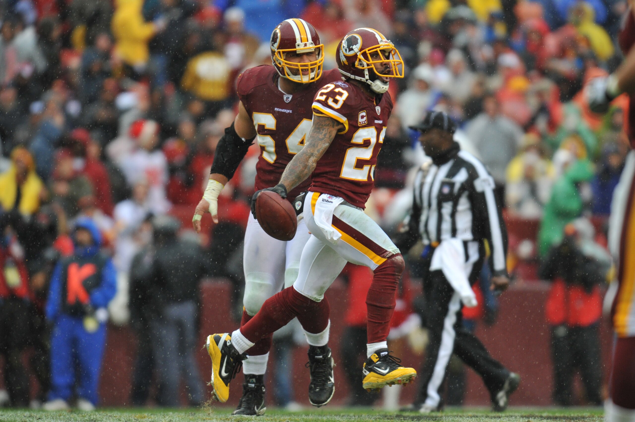 LANDOVER, MD - DECEMBER 12:  DeAngelo Hall #23 of the Washington Redskins celebrates a fumble recovery against the Tampa Bay Buccaneers  at FedExField on December 12, 2010 in Landover, Maryland. The Buccaneers defeated the Redskins 17-16. (Photo by Larry