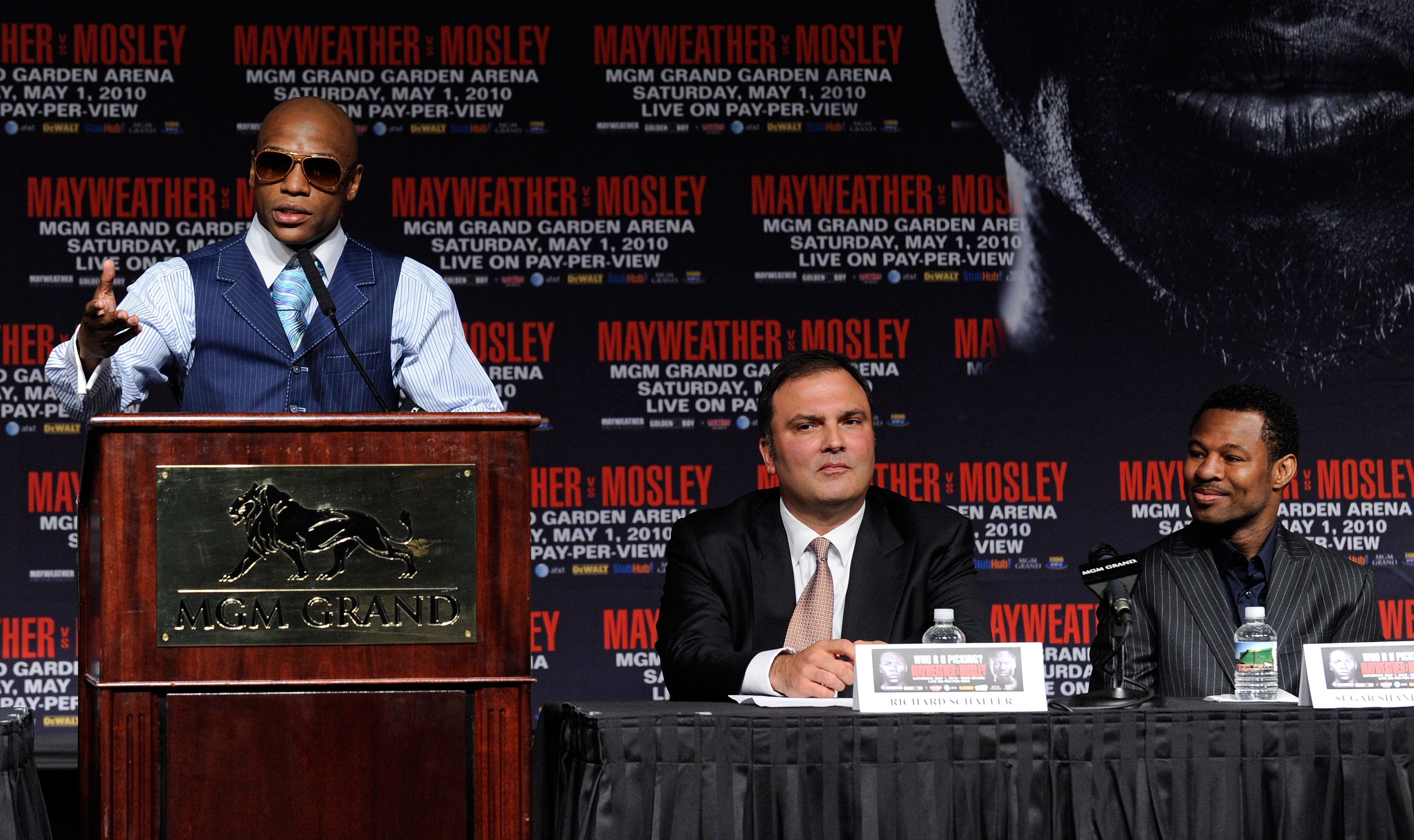LAS VEGAS - APRIL 28:  (L-R) Boxer Floyd Mayweather Jr. speaks as Golden Boy Promotions CEO Richard Schaefer and boxer Shane Mosley listen during their final news conference at the MGM Grand Hotel/Casino April 28, 2010 in Las Vegas, Nevada. Mayweather and