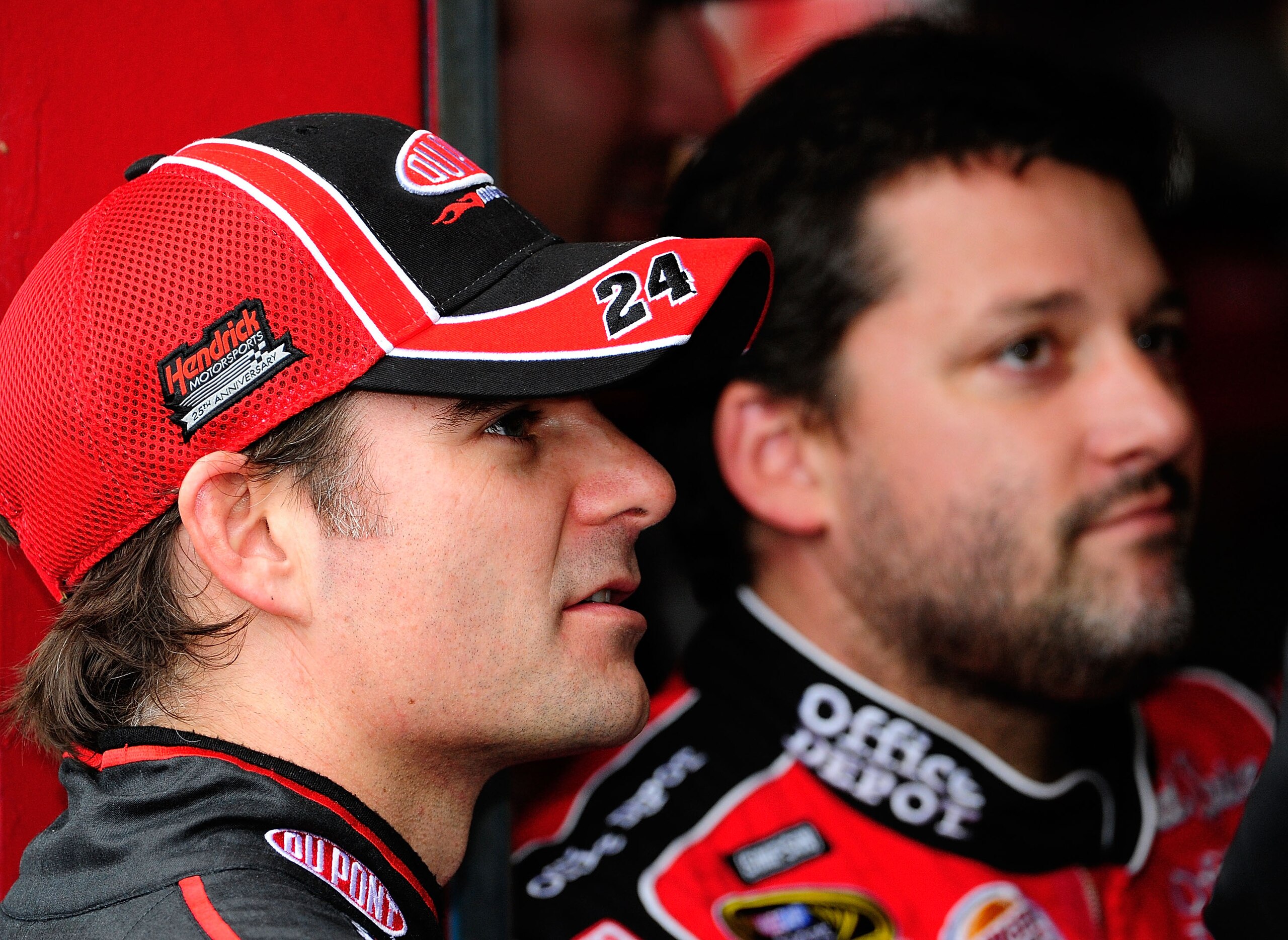 TALLADEGA, AL - OCTOBER 30: Jeff Gordon (L), driver of the #24 DuPont Chevrolet, stands in the garage with Tony Stewart, driver of the #14 Office Depot/Old Spice Chevrolet, prior to practice for the NASCAR Sprint Cup Series AMP Energy 500 at Talladega Su TALLADEGA, AL - OCTOBER 30: Jeff Gordon (L), driver of the #24 DuPont Chevrolet, stands in the garage with Tony Stewart, driver of the #14 Office Depot/Old Spice Chevrolet, prior to practice for the NASCAR Sprint Cup Series AMP Energy 500 at Talladega Su
