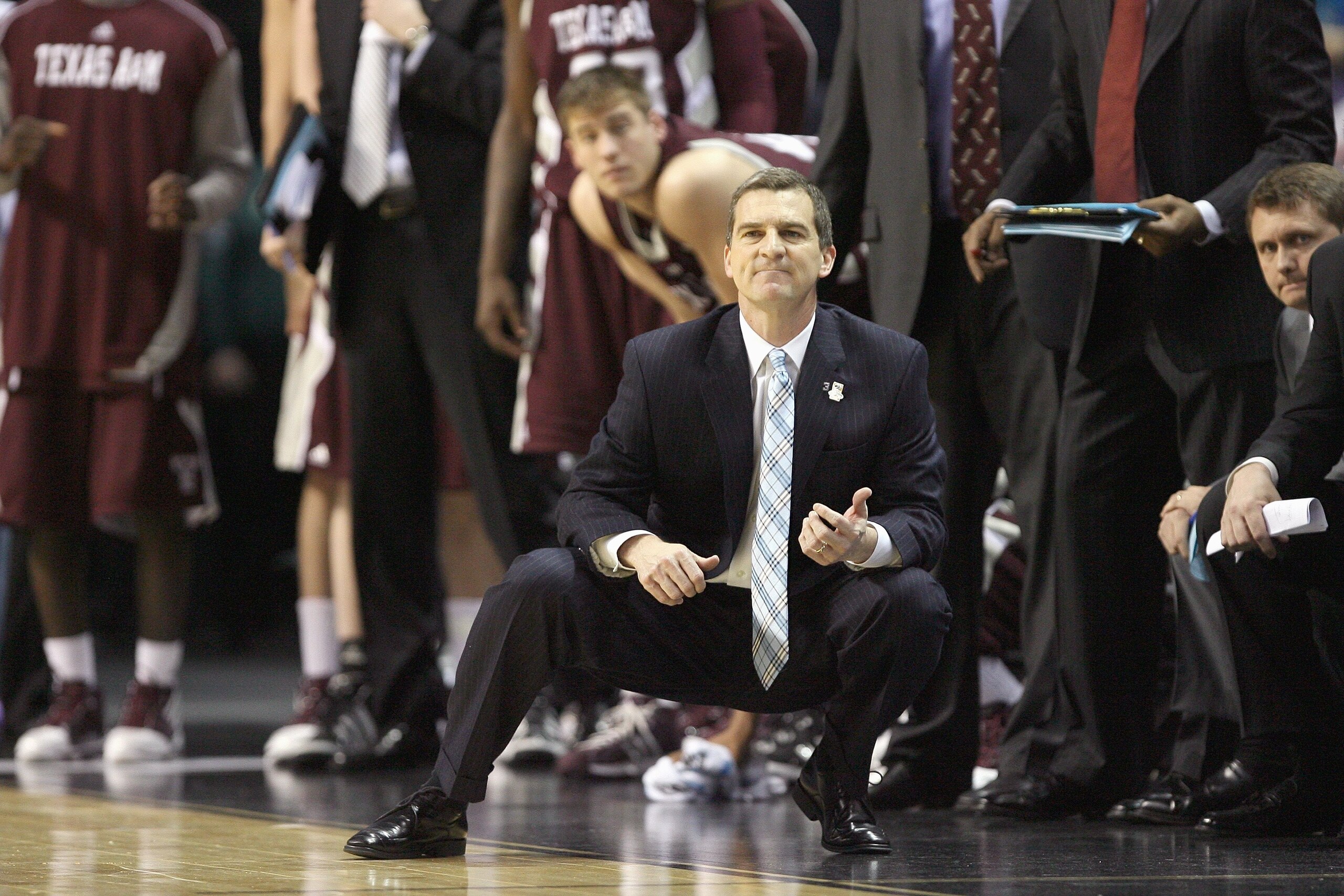 SPOKANE, WA - MARCH 21: Head coach Mark Turgeon of the Texas A&M Aggies watches the action against the Purdue Boilermakers during the second round of the 2010 NCAA men's basketball tournament at the Spokane Arena on March 21, 2010 in Spokane, Washington.