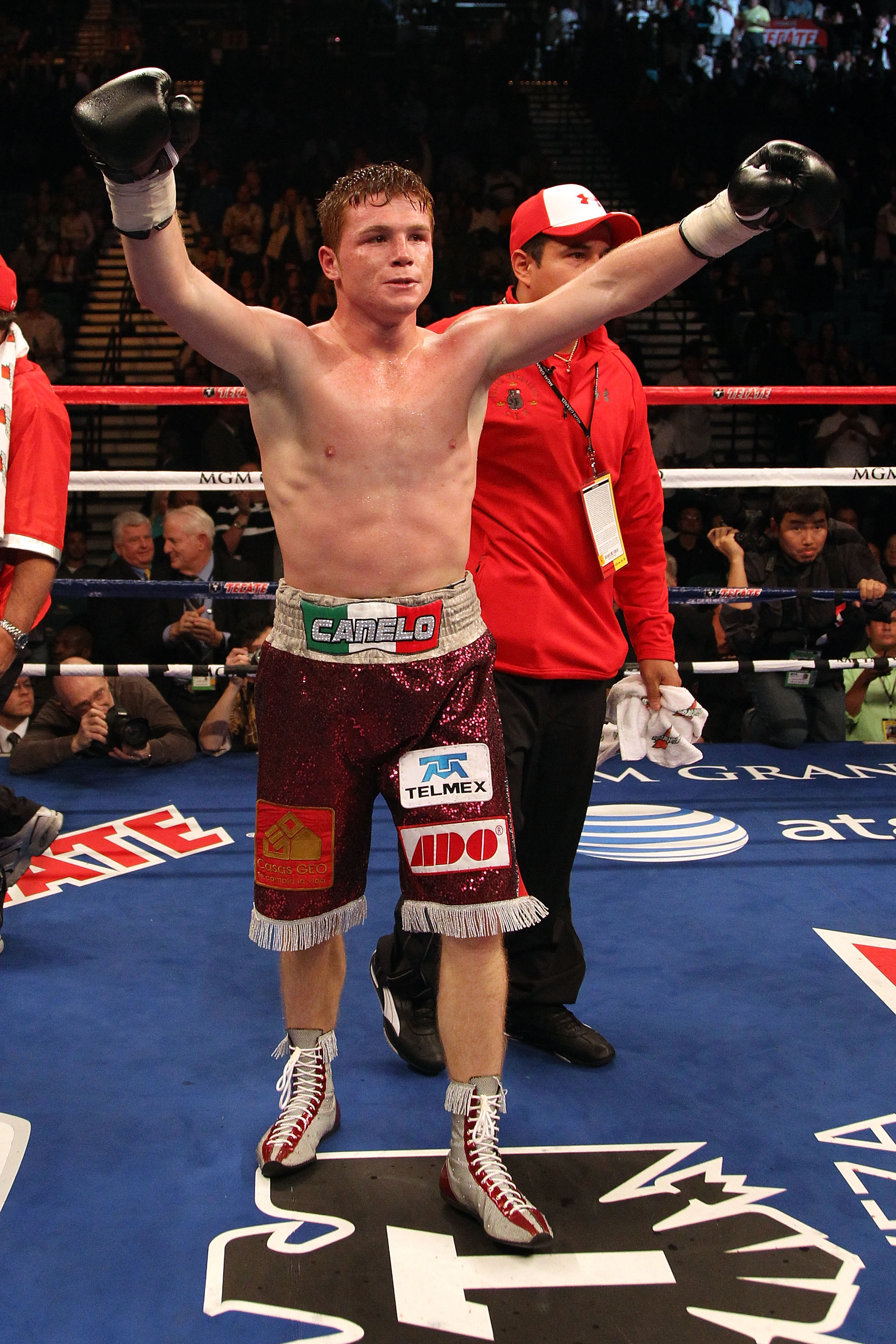 LAS VEGAS - MAY 01:  Saul Alvarez of Mexico reacts after knocking out Jose Miguel Cotto of Puerto Rico in the ninth round during the welterweight fight at the MGM Grand Garden Arena on May 1, 2010 in Las Vegas, Nevada.  (Photo by Jed Jacobsohn/Getty Image