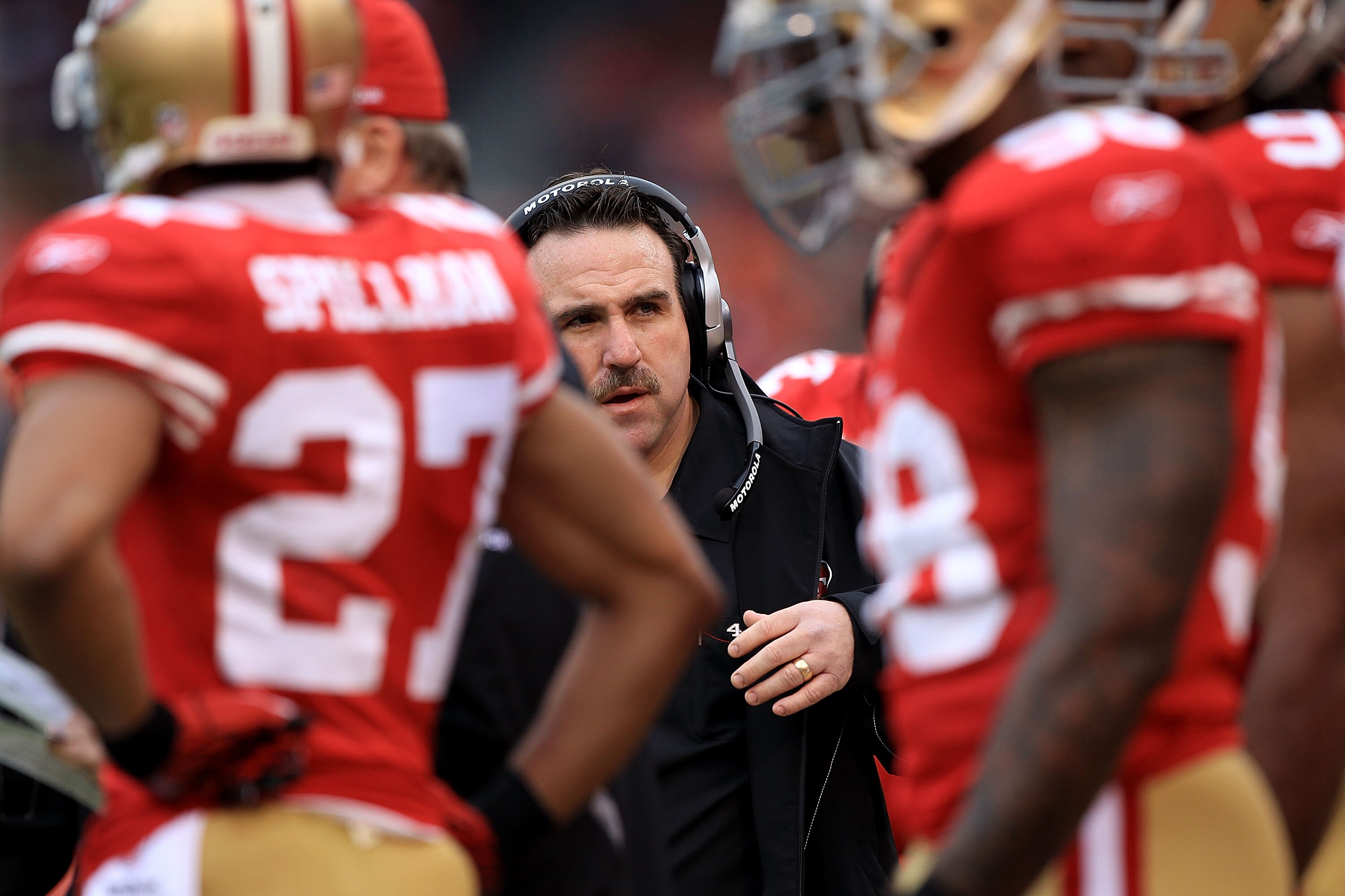 SAN FRANCISCO, CA - JANUARY 02:    Head coach Jim Tomsula of the San Francisco 49ers looks on against the Arizona Cardinals during an NFL game at Candlestick Park on January 2, 2011 in San Francisco, California.  (Photo by Jed Jacobsohn/Getty Images)