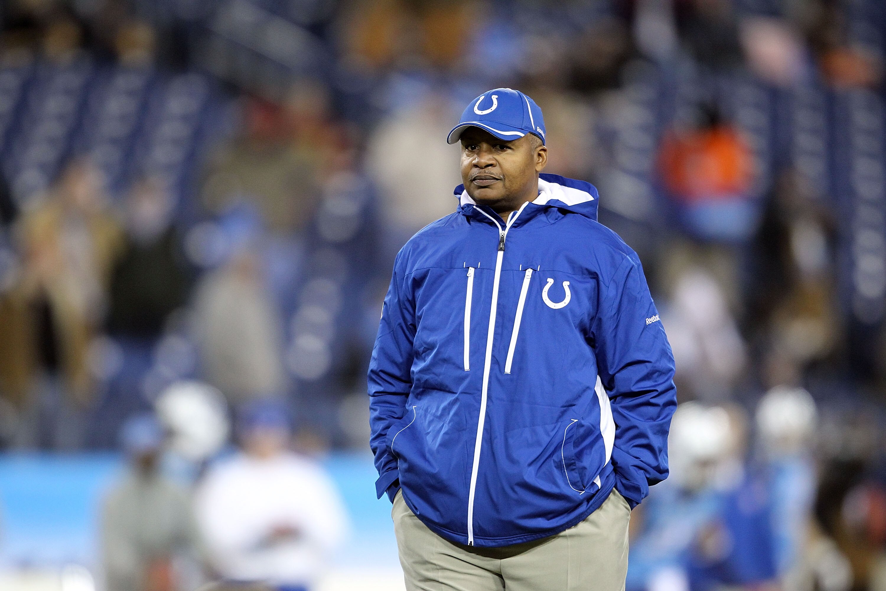 NASHVILLE, TN - DECEMBER 09:  Jim Caldwell the Head Coach of the Indianapolis Colts watches his team stretch before the NFL game against the Tennessee Titans  at LP Field on December 9, 2010 in Nashville, Tennessee.  (Photo by Andy Lyons/Getty Images)