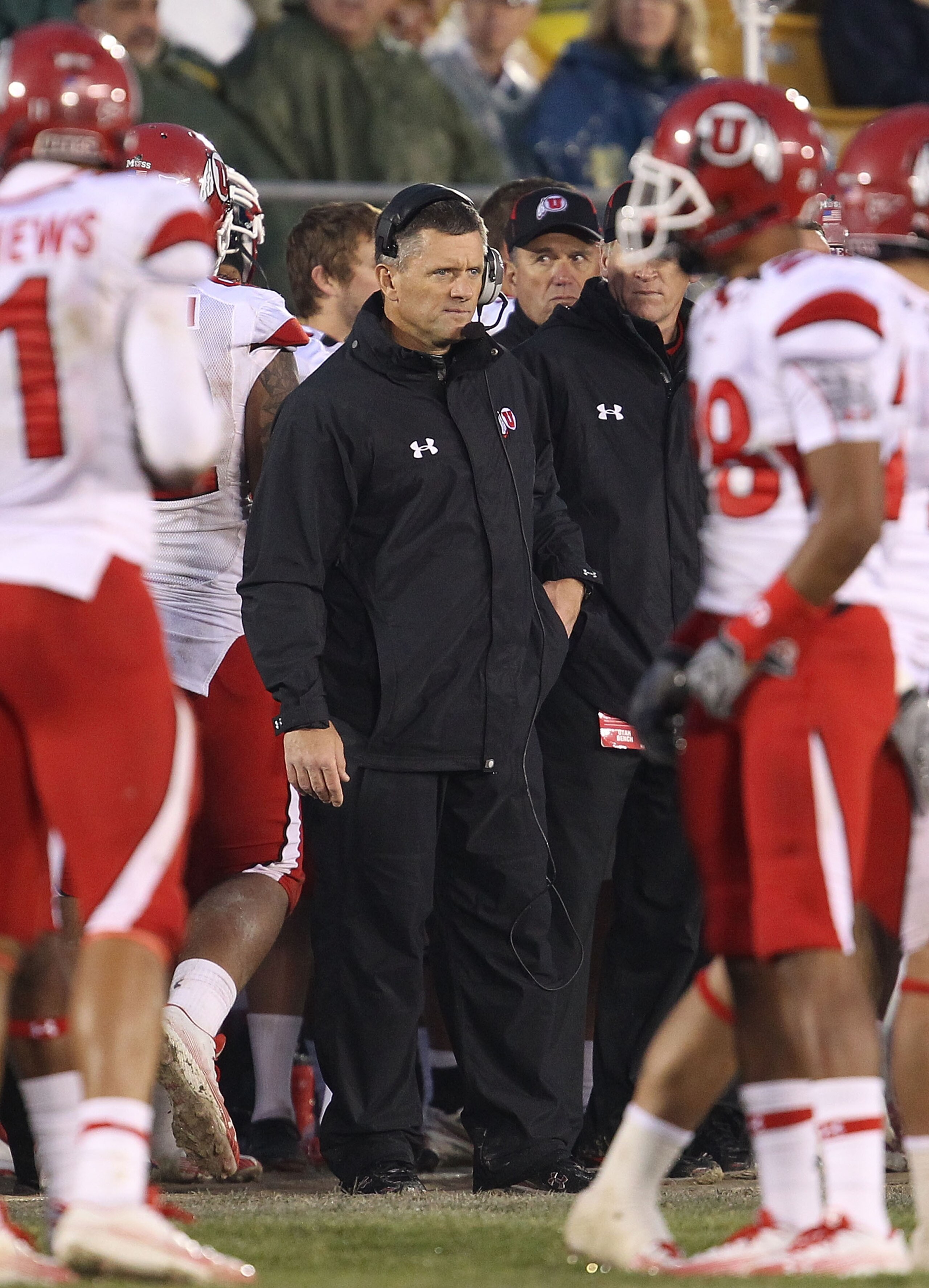 SOUTH BEND, IN - NOVEMBER 13: Head coach Kyle Whittingham of the Utah Utes watches as his team takes on the Notre Dame Fighting Irish at Notre Dame Stadium on November 13, 2010 in South Bend, Indiana. Notre Dame defeated Utah 28-3. (Photo by Jonathan Dani