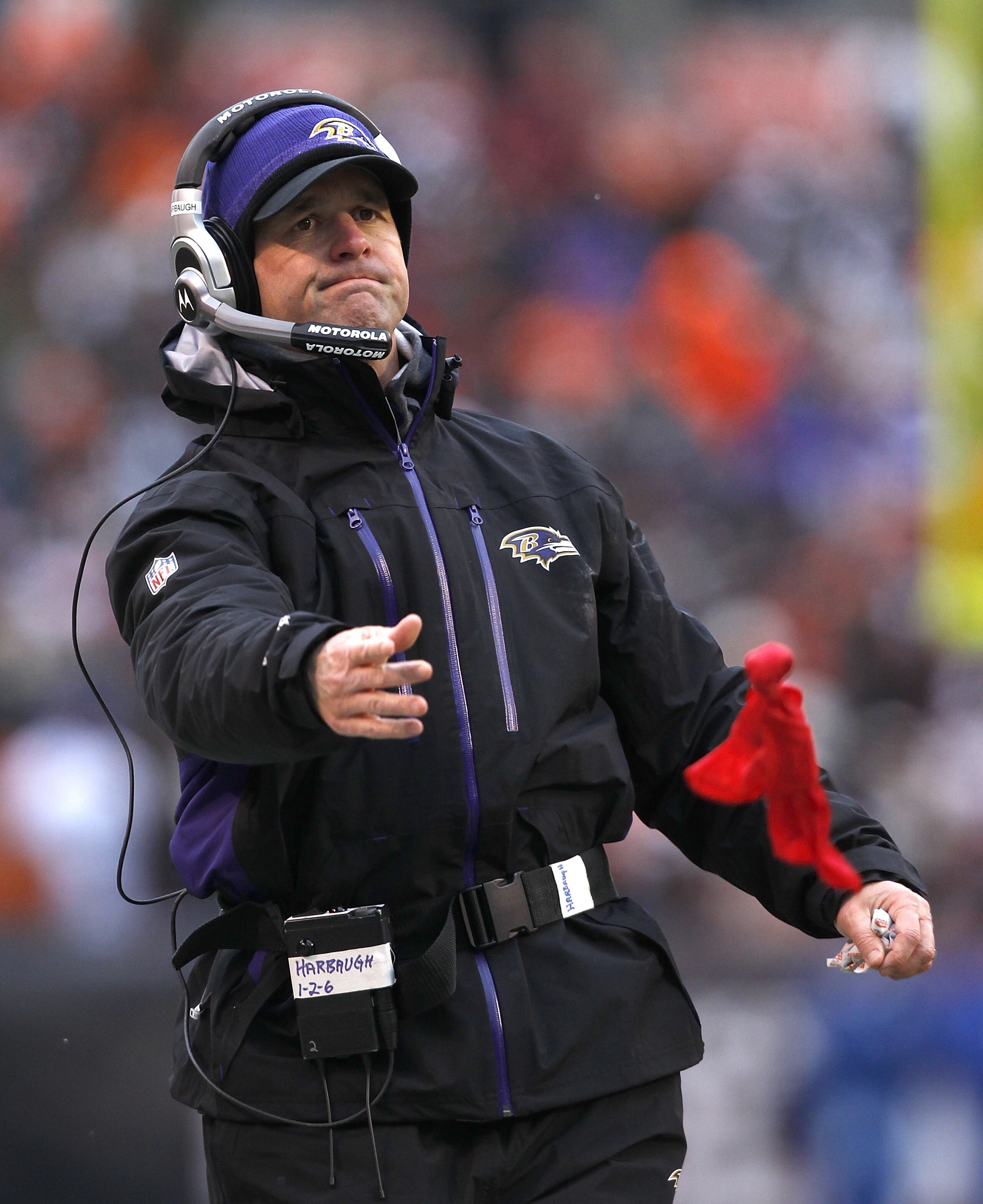 CLEVELAND - DECEMBER 26: Head Coach John Harbaugh of the Baltimore Ravens throws a challenge flag during their game against the Cleveland Browns at Cleveland Browns Stadium on December 26, 2010 in Cleveland, Ohio. (Photo by Matt Sullivan/Getty Images) CLEVELAND - DECEMBER 26: Head Coach John Harbaugh of the Baltimore Ravens throws a challenge flag during their game against the Cleveland Browns at Cleveland Browns Stadium on December 26, 2010 in Cleveland, Ohio. (Photo by Matt Sullivan/Getty Images)