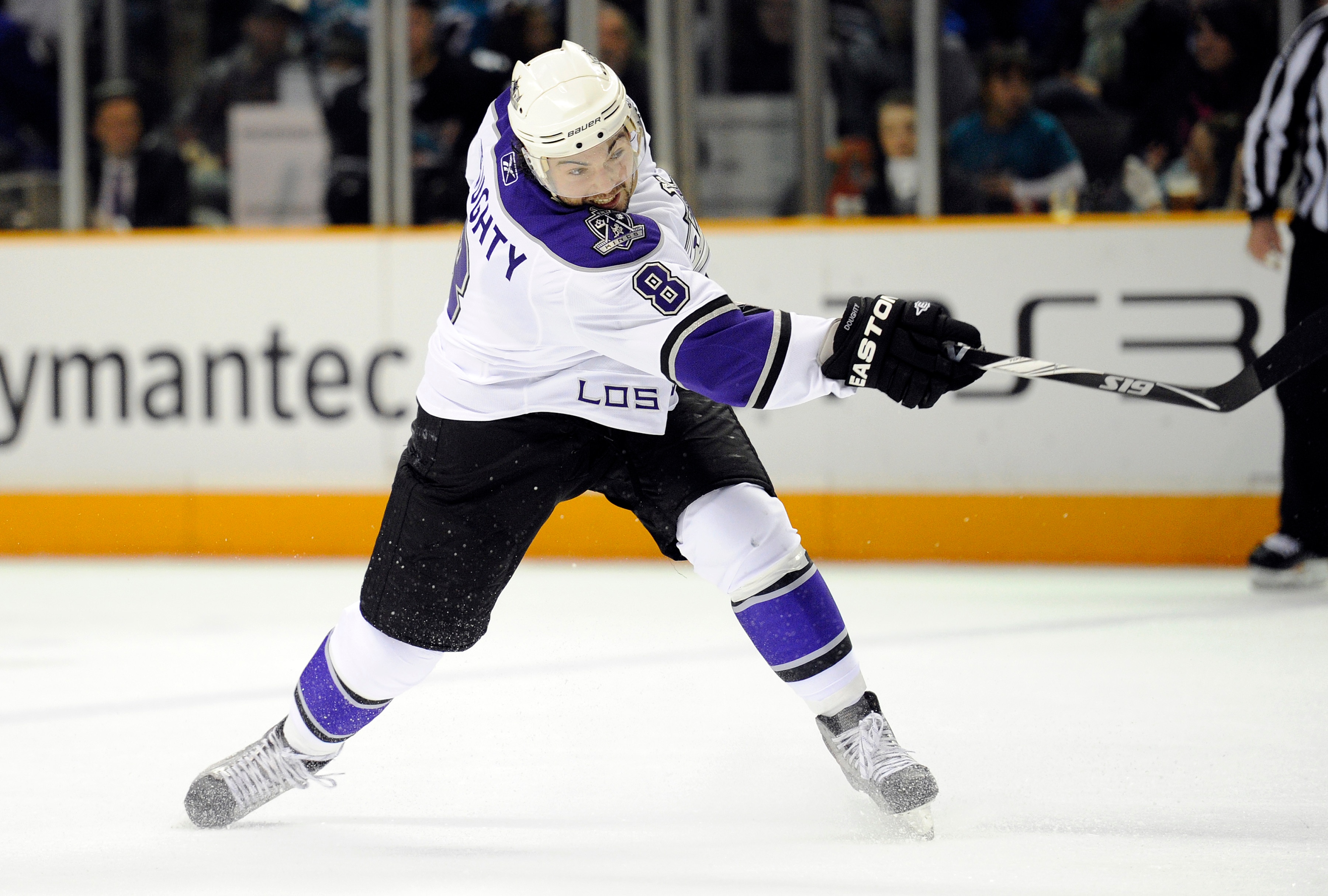 SAN JOSE, CA - DECEMBER 27:  Drew Doughty #8 of the Los Angeles Kings shoots on goal against the San Jose Sharks during an NHL hockey game at the HP Pavilion on December 27, 2010 in San Jose, California. (Photo by Thearon W. Henderson/Getty Images)