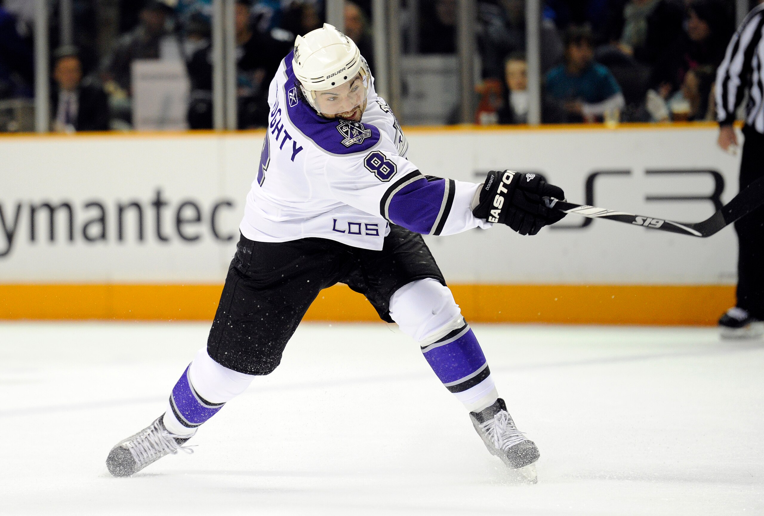 SAN JOSE, CA - DECEMBER 27:  Drew Doughty #8 of the Los Angeles Kings shoots on goal against the San Jose Sharks during an NHL hockey game at the HP Pavilion on December 27, 2010 in San Jose, California. (Photo by Thearon W. Henderson/Getty Images)