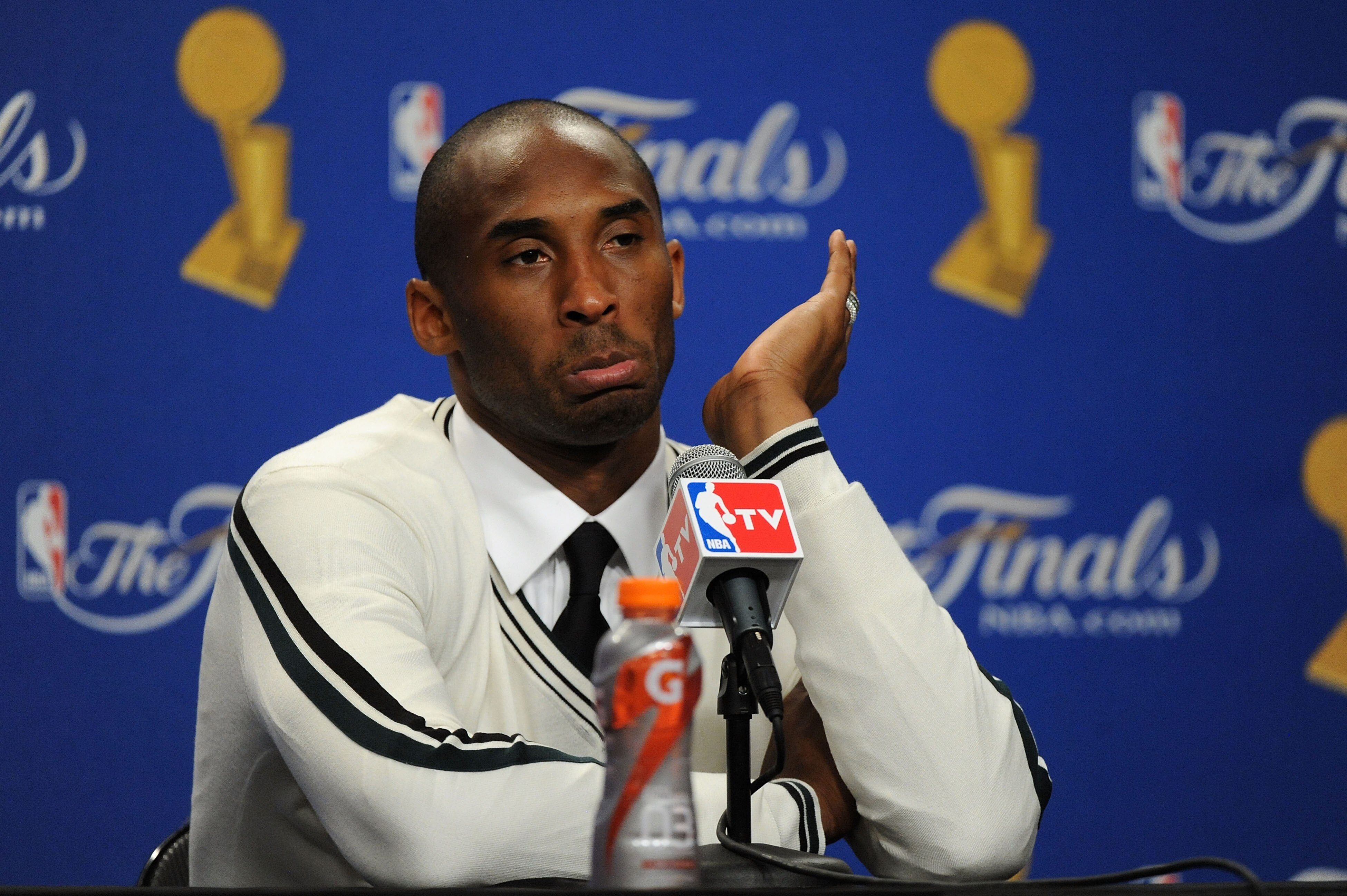 LOS ANGELES, CA - JUNE 06:  Kobe Bryant #24 of the Los Angeles Lakers reacts as he anwers questions from the media durinng the post game press conference after the Lakers lost 103-94 against the Boston Celtics in Game Two of the 2010 NBA Finals at Staples
