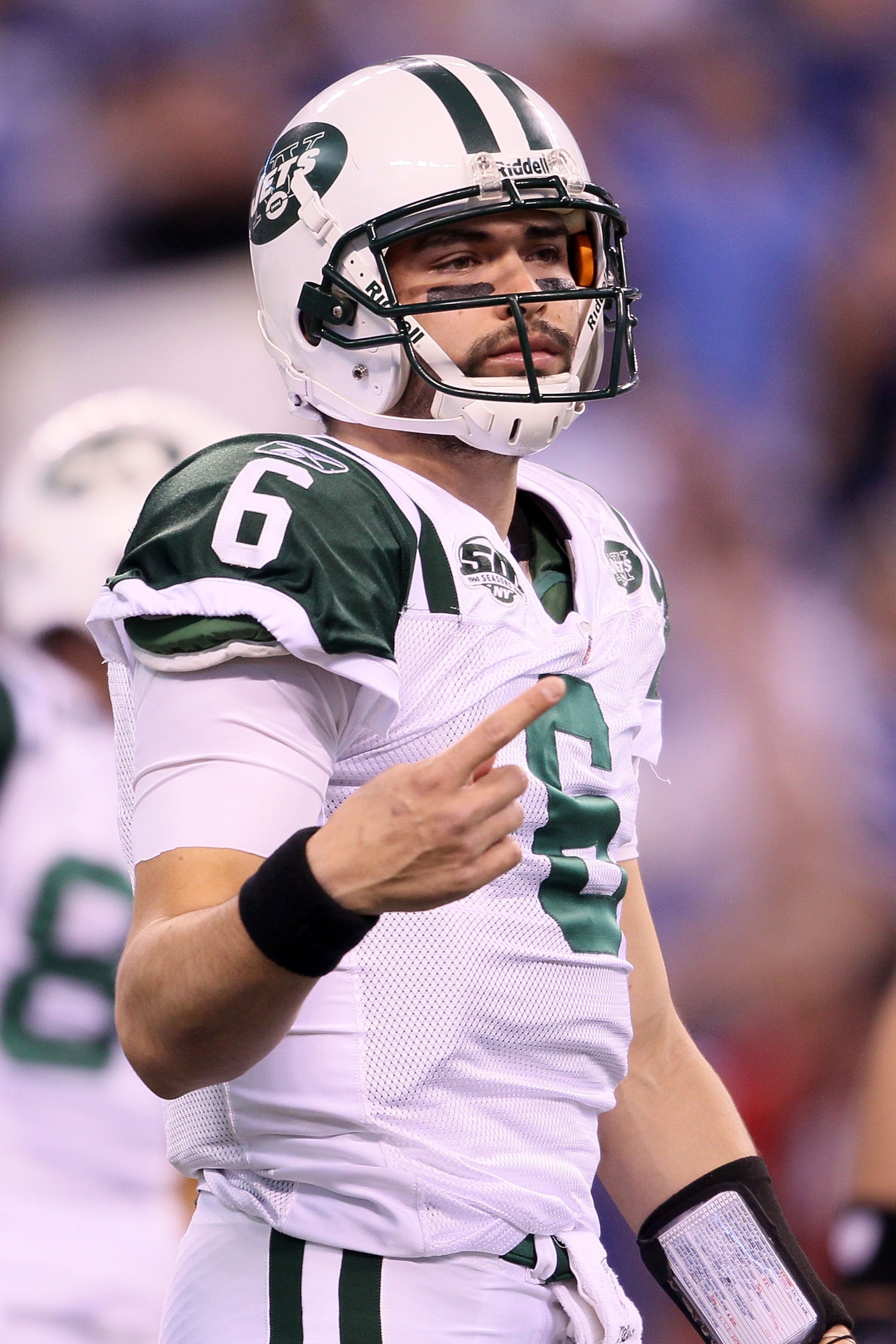 INDIANAPOLIS - JANUARY 24:  Mark Sanchez #6 of the New York Jets  under center against the Indianapolis Colts during the AFC Championship Game at Lucas Oil Stadium on January 24, 2010 in Indianapolis, Indiana.  (Photo by Andy Lyons/Getty Images)