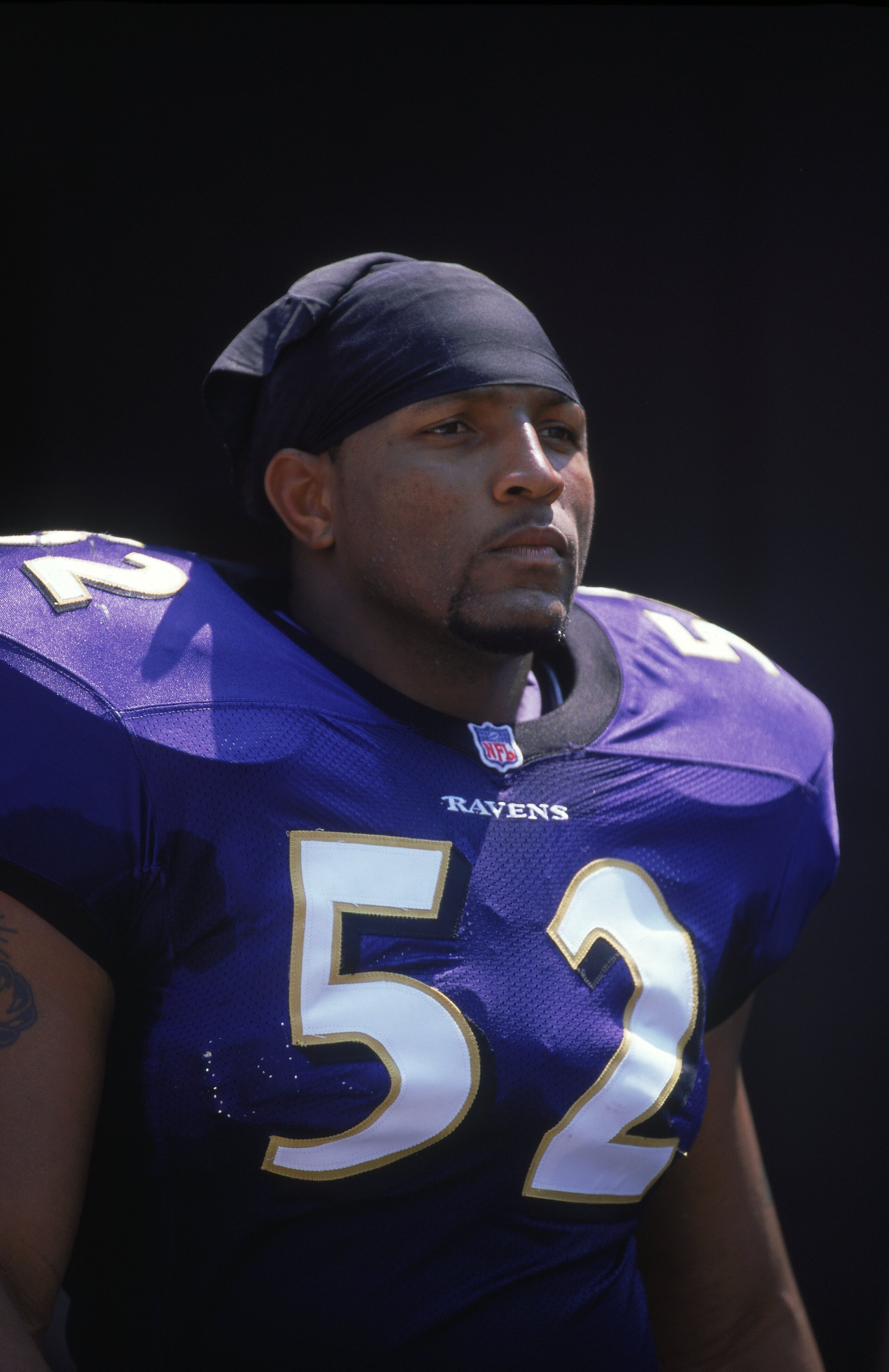 10 Sep 2000:  Ray Lewis #52 of the Baltimore Ravens reacts to the action during the game against the Jacksonville Jaguars at Psinet Stadium in Baltimore, Maryland.  The Ravens defeated the Jaguars 39-36.Mandatory Credit: Doug Pensinger  /Allsport