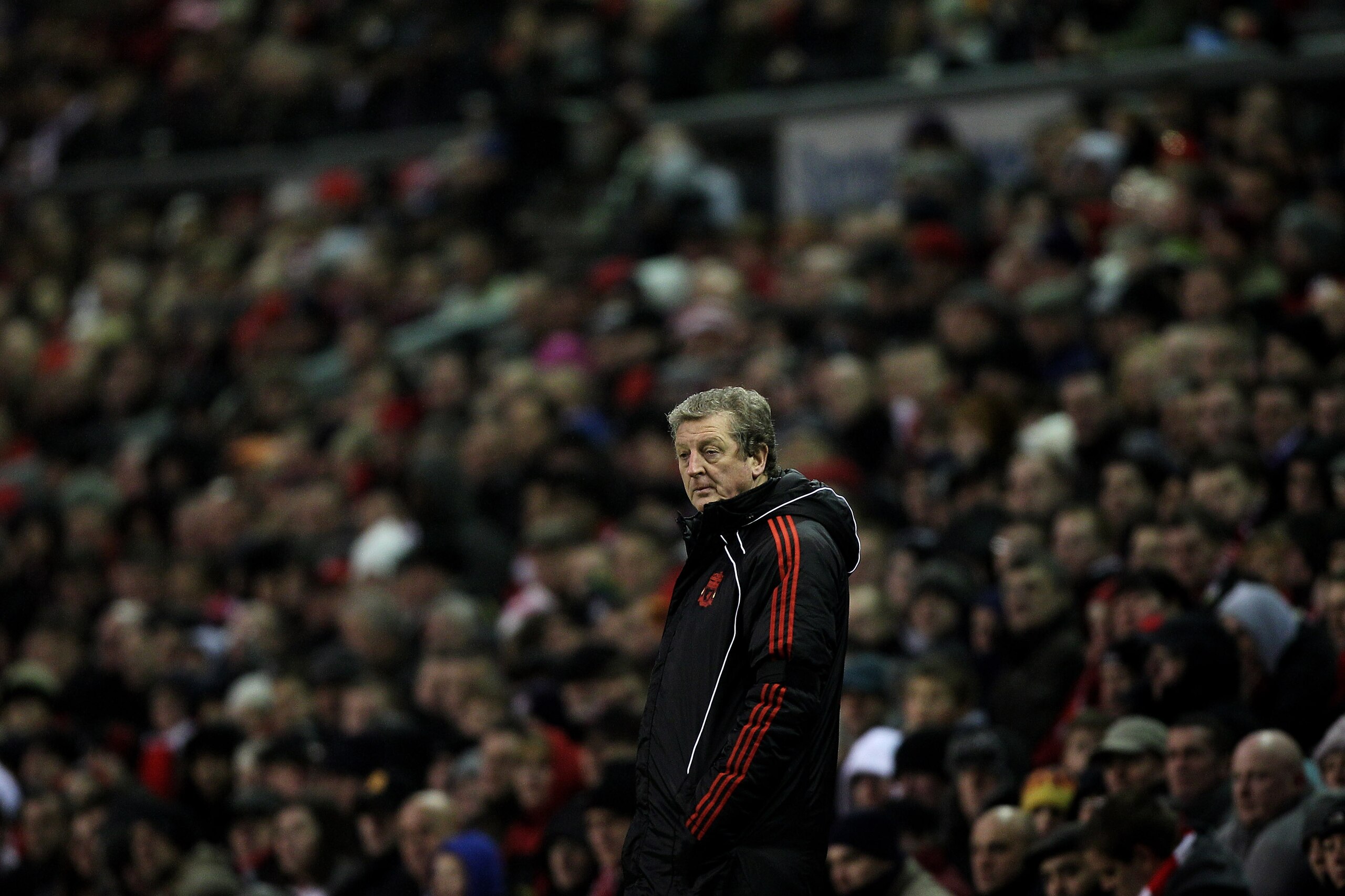 LIVERPOOL, ENGLAND - JANUARY 01:  Liverpool Manager Roy Hodgson looks on during the Barclays Premier League match between Liverpool and Bolton Wanderers at Anfield on January 1, 2011 in Liverpool, England.  (Photo by Michael Steele/Getty Images)