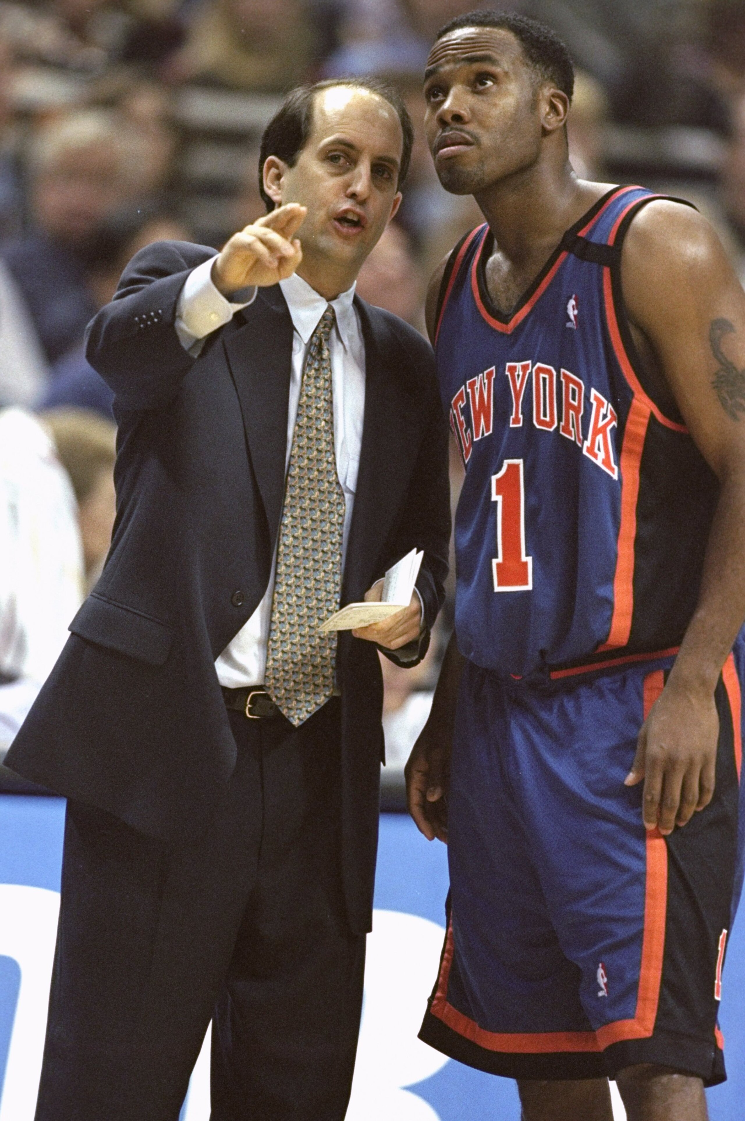 5 Feb 1999:   Chris Childs #1 of the New York Knicks listens to head coach Jeff Van Gundy during the game against the Orlando Magic at the Orlando Arena in Orlando, Florida. The Magic defeated the Knicks 93-85. Mandatory Credit: Andy Lyons  /Allsport