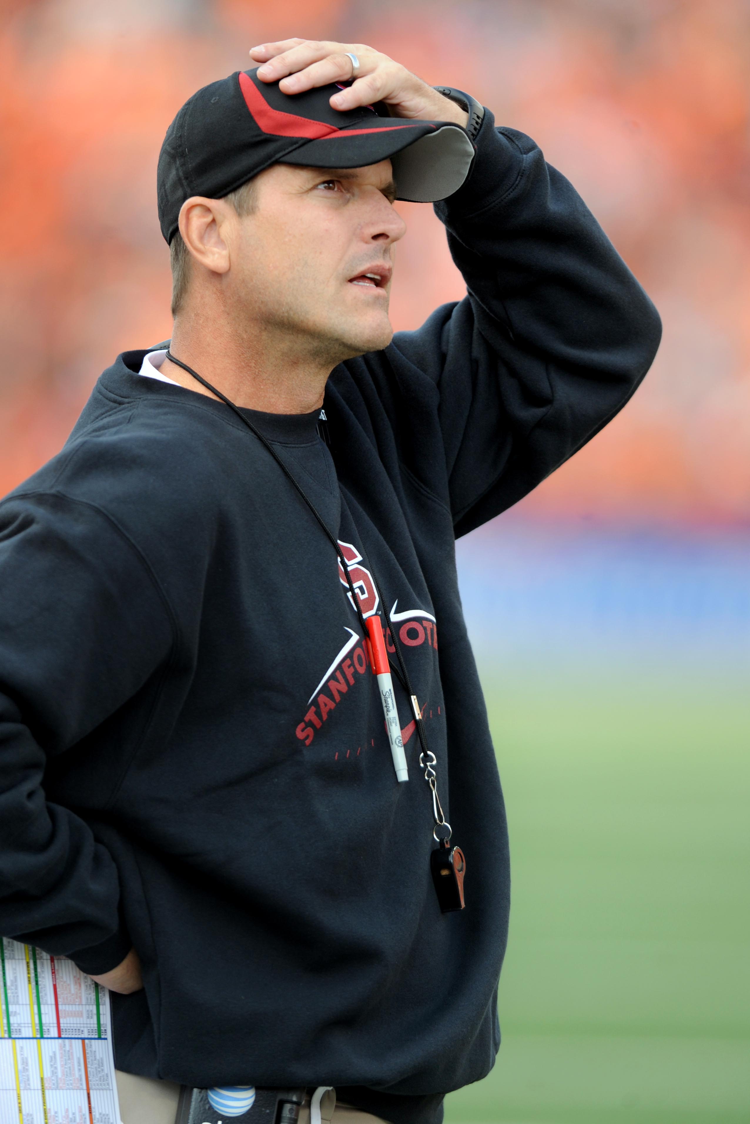 CORVALLIS, OR - OCTOBER 10: Head coach Jim Harbaugh of the Stanford Cardinals looks on from the sidelines in the first quarter of the game against the Oregon State Beavers at Reser Stadium on October 10, 2009 in Corvallis, Oregon. (Photo by Steve Dykes/Ge