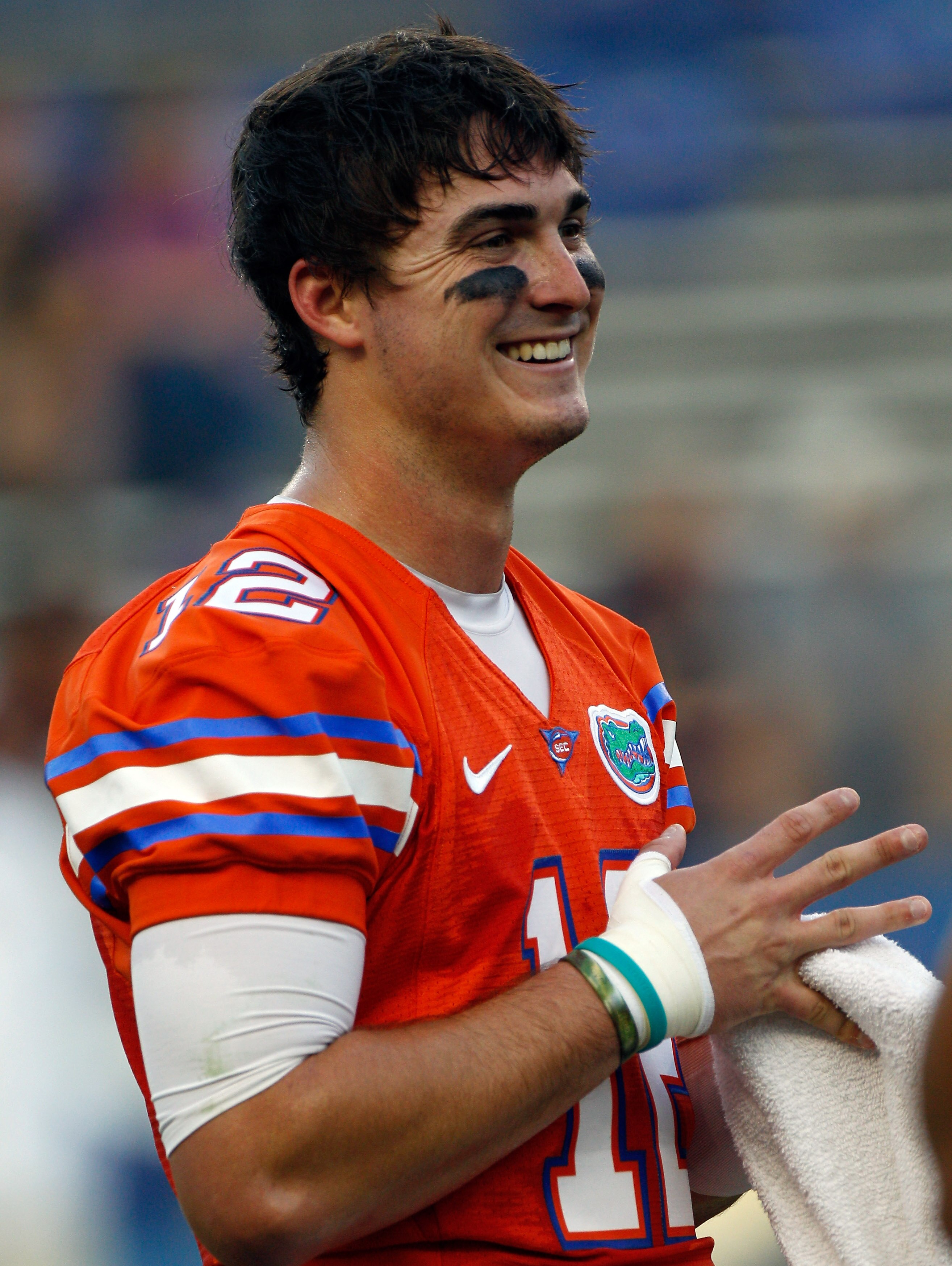 GAINESVILLE, FL - OCTOBER 09:  Quarterback John Brantley #12 of the Florida Gators waits for the start of the game against the Louisiana State University Tigers at Ben Hill Griffin Stadium on October 9, 2010 in Gainesville, Florida.  (Photo by Sam Greenwo