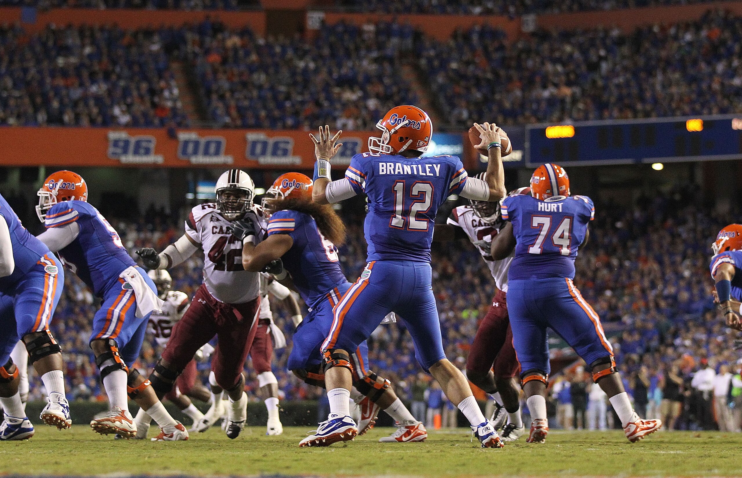 GAINESVILLE, FL - NOVEMBER 13: John Brantley #12 of the Florida Gators passes during a game against the South Carolina Gamecocks at Ben Hill Griffin Stadium on November 13, 2010 in Gainesville, Florida. (Photo by Mike Ehrmann/Getty Images) GAINESVILLE, FL - NOVEMBER 13: John Brantley #12 of the Florida Gators passes during a game against the South Carolina Gamecocks at Ben Hill Griffin Stadium on November 13, 2010 in Gainesville, Florida. (Photo by Mike Ehrmann/Getty Images)