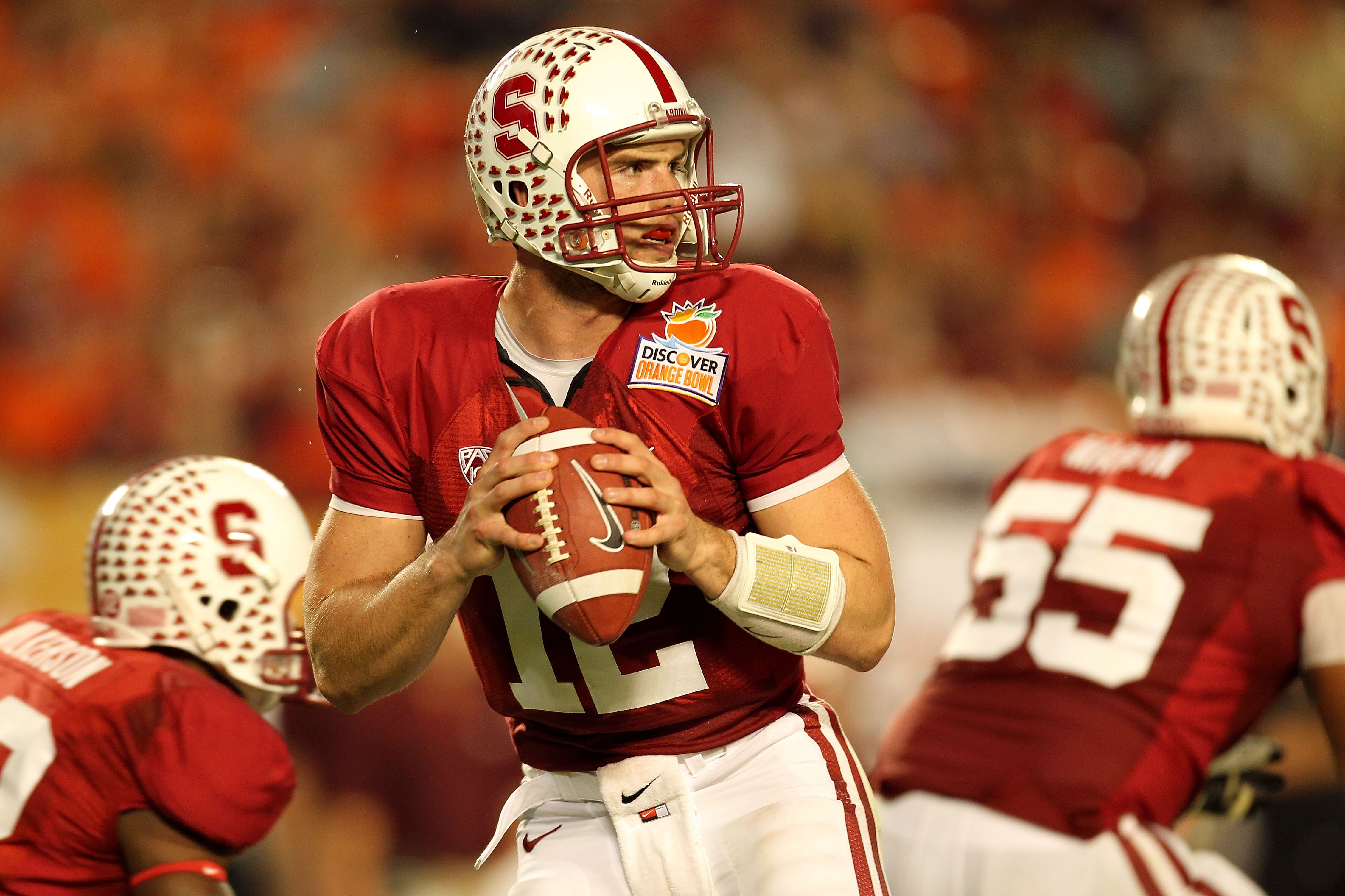 MIAMI, FL - JANUARY 03:  Andrew Luck #12 of the Stanford Cardinal drops back to pass against the Virginai Tech Hokies during the 2011 Discover Orange Bowl at Sun Life Stadium on January 3, 2011 in Miami, Florida.  (Photo by Mike Ehrmann/Getty Images)
