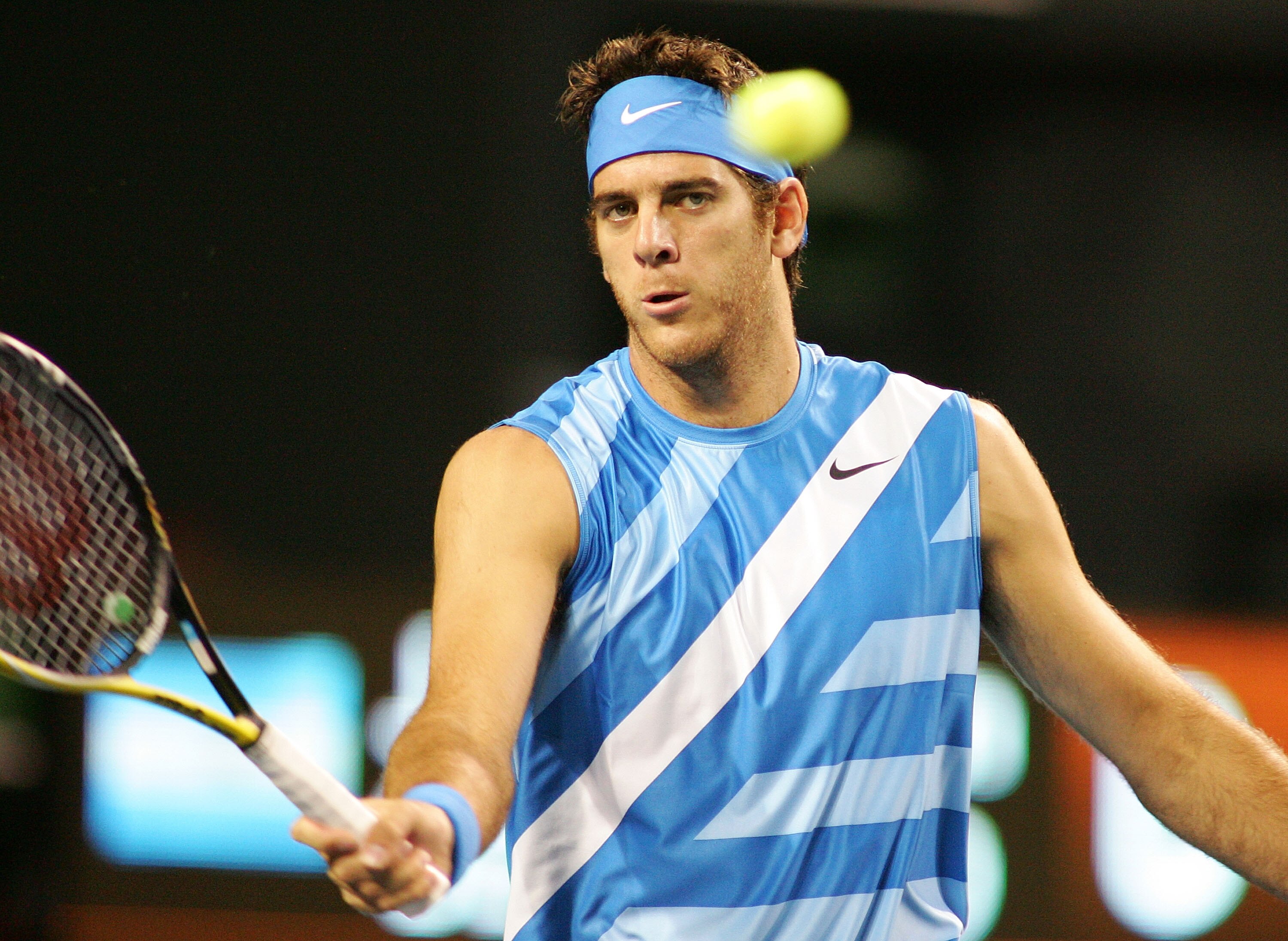 TOKYO - OCTOBER 04: Juan Martin Del Potro of Argentina plays a forehand during his match against Feliciano Lopez of Spain during on day one of the Rakuten Japan Open at Ariake Colosseum on October 4, 2010 in Tokyo, Japan. (Photo by Koji Watanabe/Getty Ima