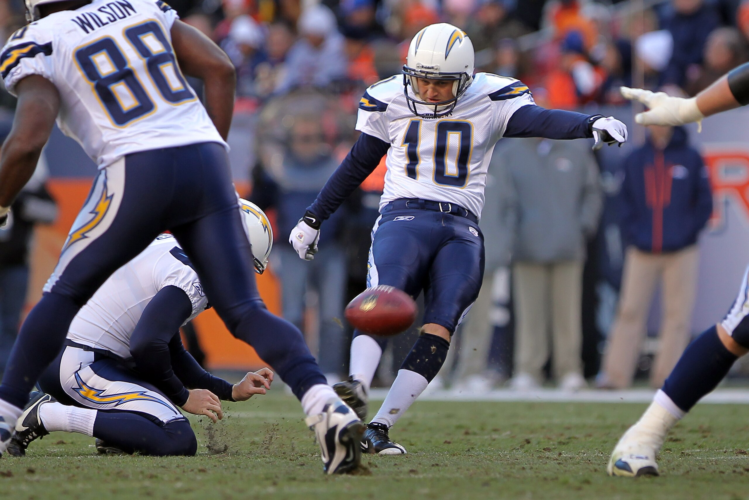 DENVER - JANUARY 02:  Place kicker Nate Kaeding #10 of the San Diego Chargers kicks a 45 yard field goal in the second quarter against the Denver Broncos at INVESCO Field at Mile High on January 2, 2011 in Denver, Colorado.  (Photo by Doug Pensinger/Getty