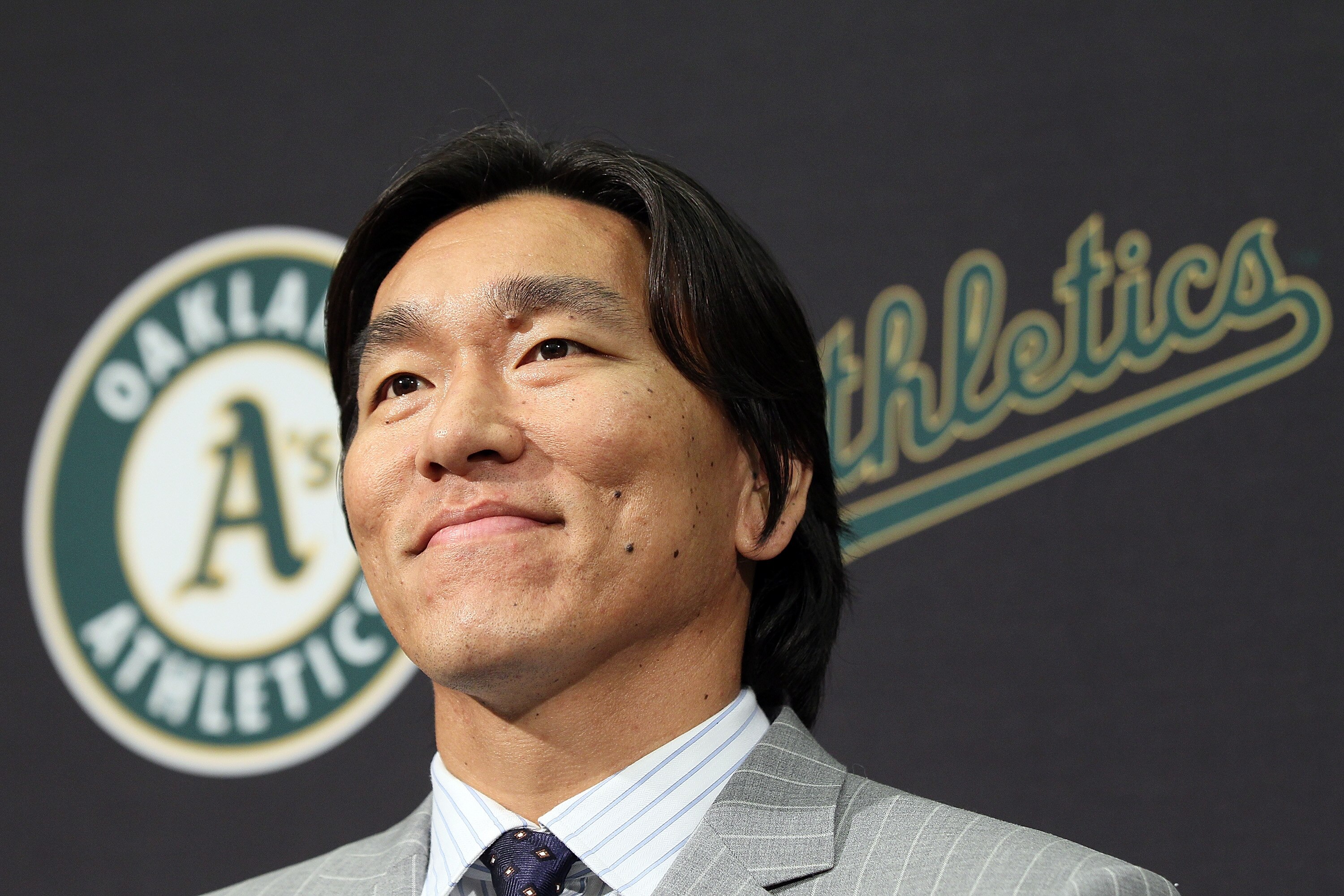 OAKLAND, CA - DECEMBER 14:  Hideki Matsui looks on during a press conference where he was introduced as the newest member of the Oakland Athletics at Oakland-Alameda County Coliseum on December 14, 2010 in Oakland, California.  The Oakland Athletics signe