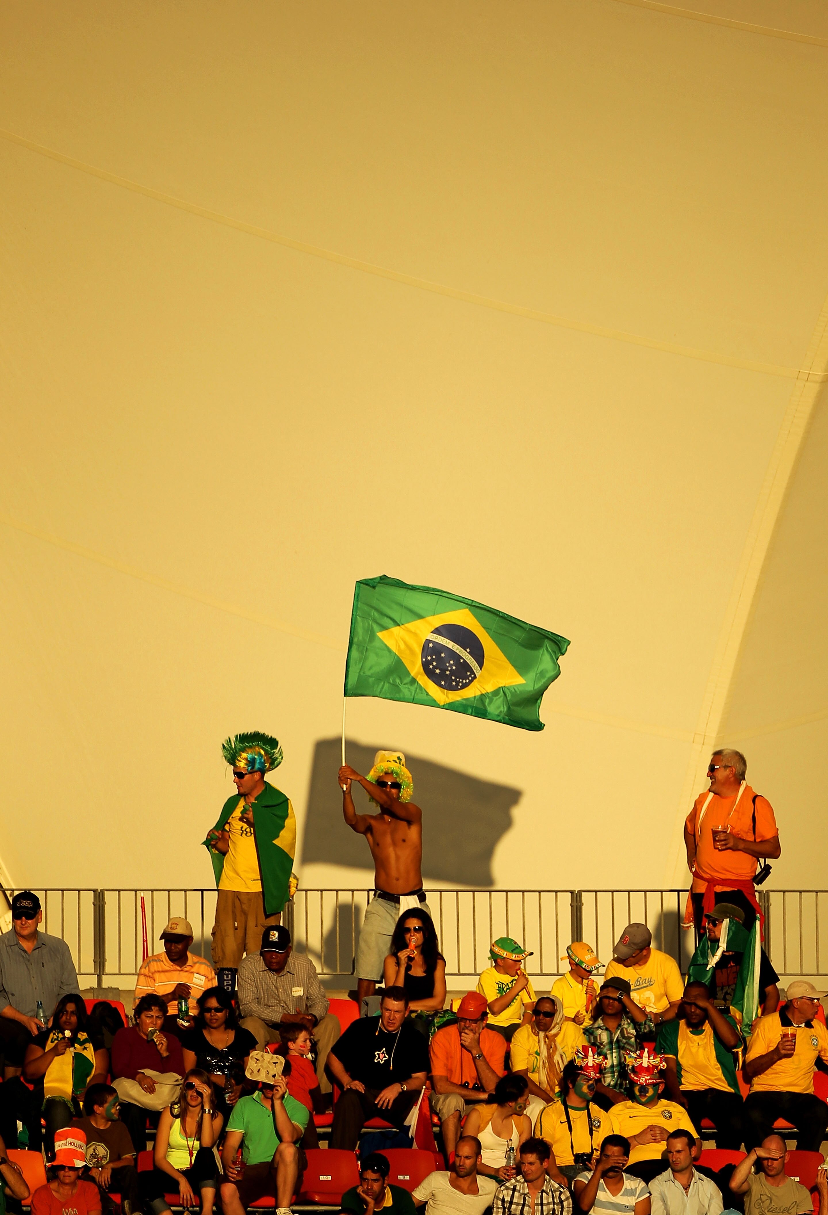 PORT ELIZABETH, SOUTH AFRICA - JULY 02:  Brazil fans enjoy the atmosphere during the 2010 FIFA World Cup South Africa Quarter Final match between Netherlands and Brazil at Nelson Mandela Bay Stadium on July 2, 2010 in Nelson Mandela Bay/Port Elizabeth, So