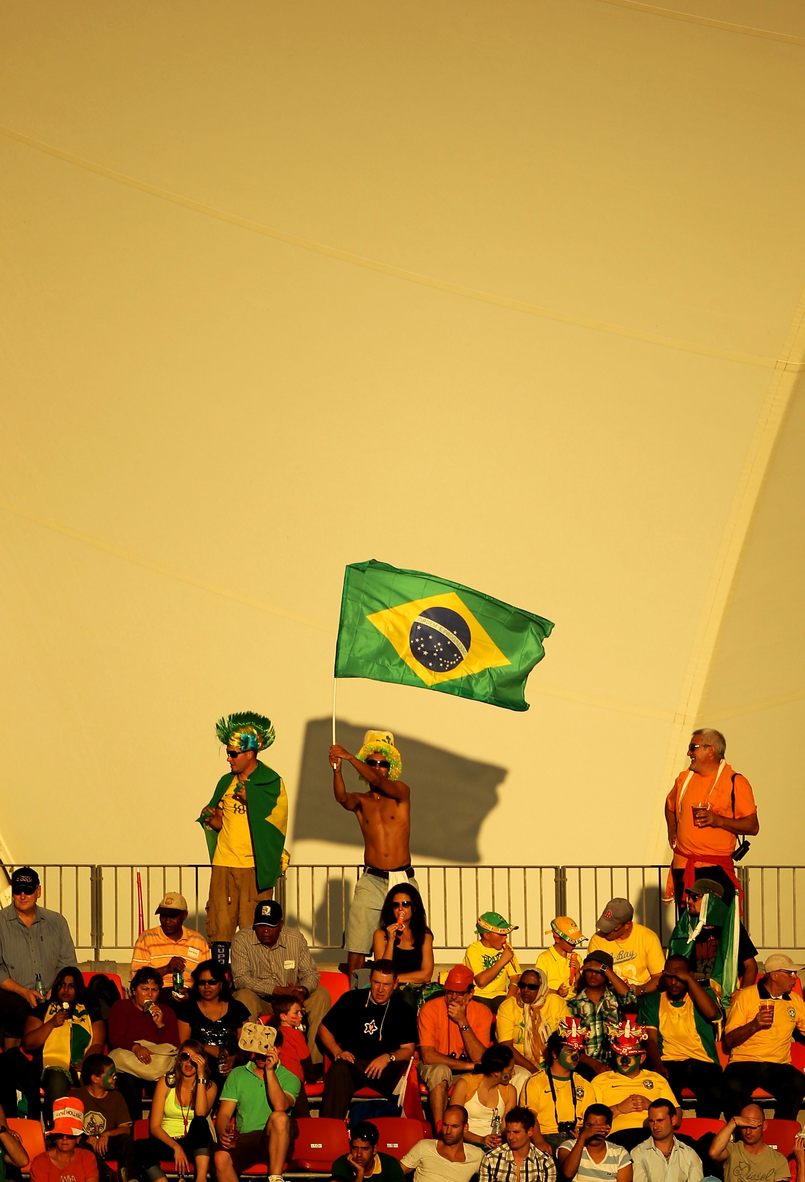 PORT ELIZABETH, SOUTH AFRICA - JULY 02:  Brazil fans enjoy the atmosphere during the 2010 FIFA World Cup South Africa Quarter Final match between Netherlands and Brazil at Nelson Mandela Bay Stadium on July 2, 2010 in Nelson Mandela Bay/Port Elizabeth, So