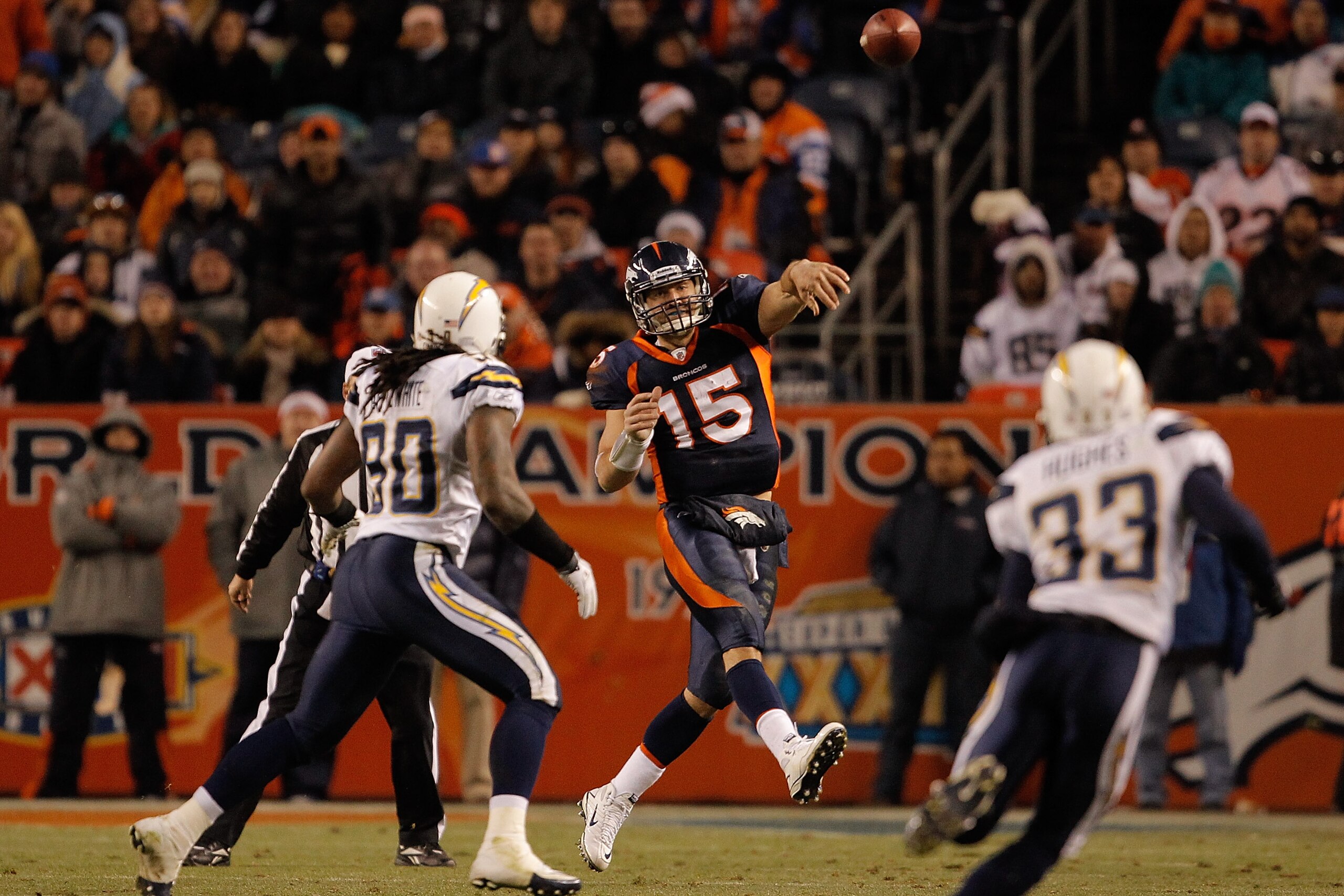 DENVER, CO - JANUARY 2:  Quarterback Tim Tebow #15 of the Denver Broncos throws a pass against the San Diego Chargers during the fourth quarter at INVESCO Field at Mile High on January 2, 2011 in Denver, Colorado. (Photo by Justin Edmonds/Getty Images)