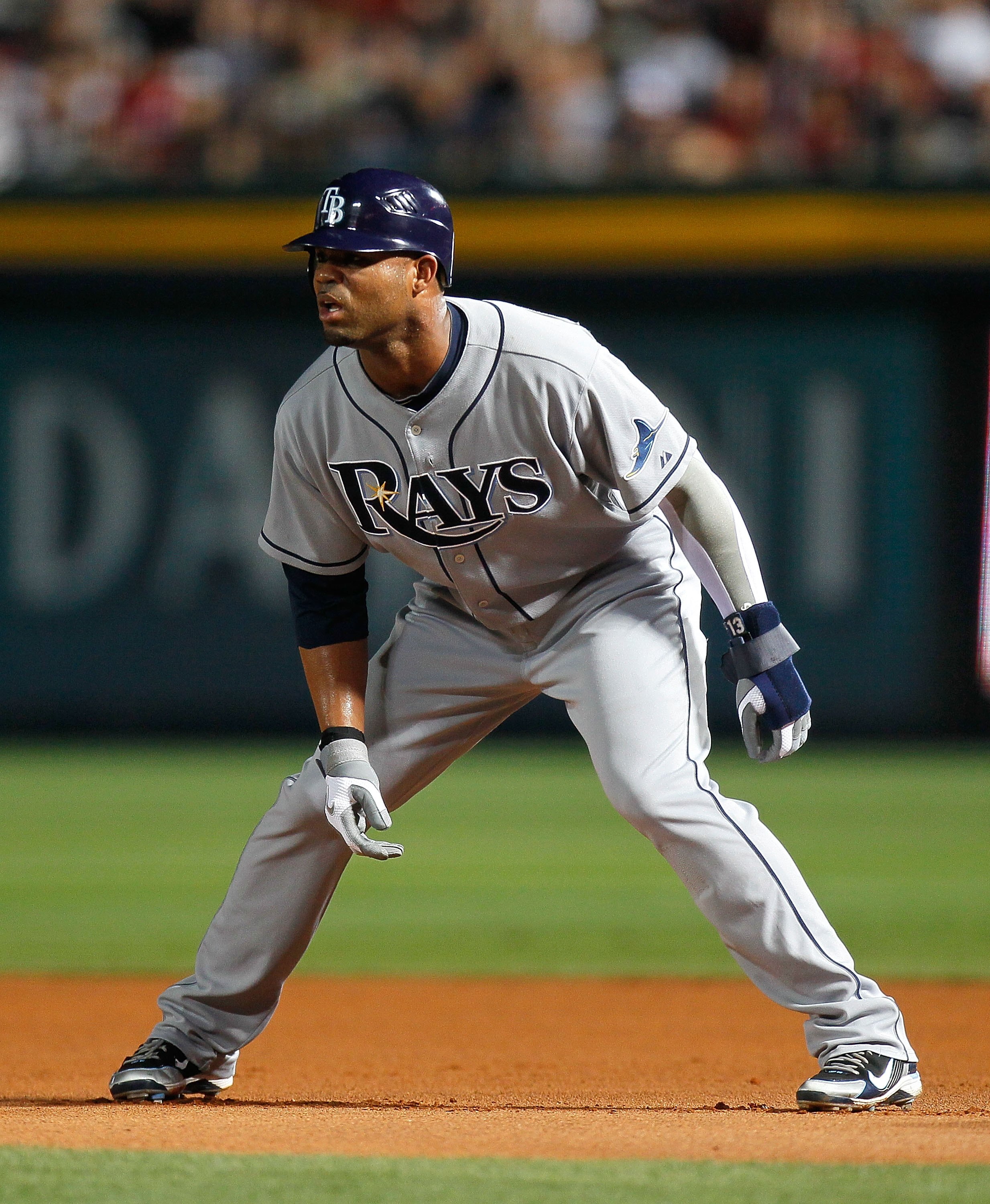 ATLANTA - JUNE 15:  Carl Crawford #13 of the Tampa Bay Rays against the Atlanta Braves at Turner Field on June 15, 2010 in Atlanta, Georgia.  (Photo by Kevin C. Cox/Getty Images)
