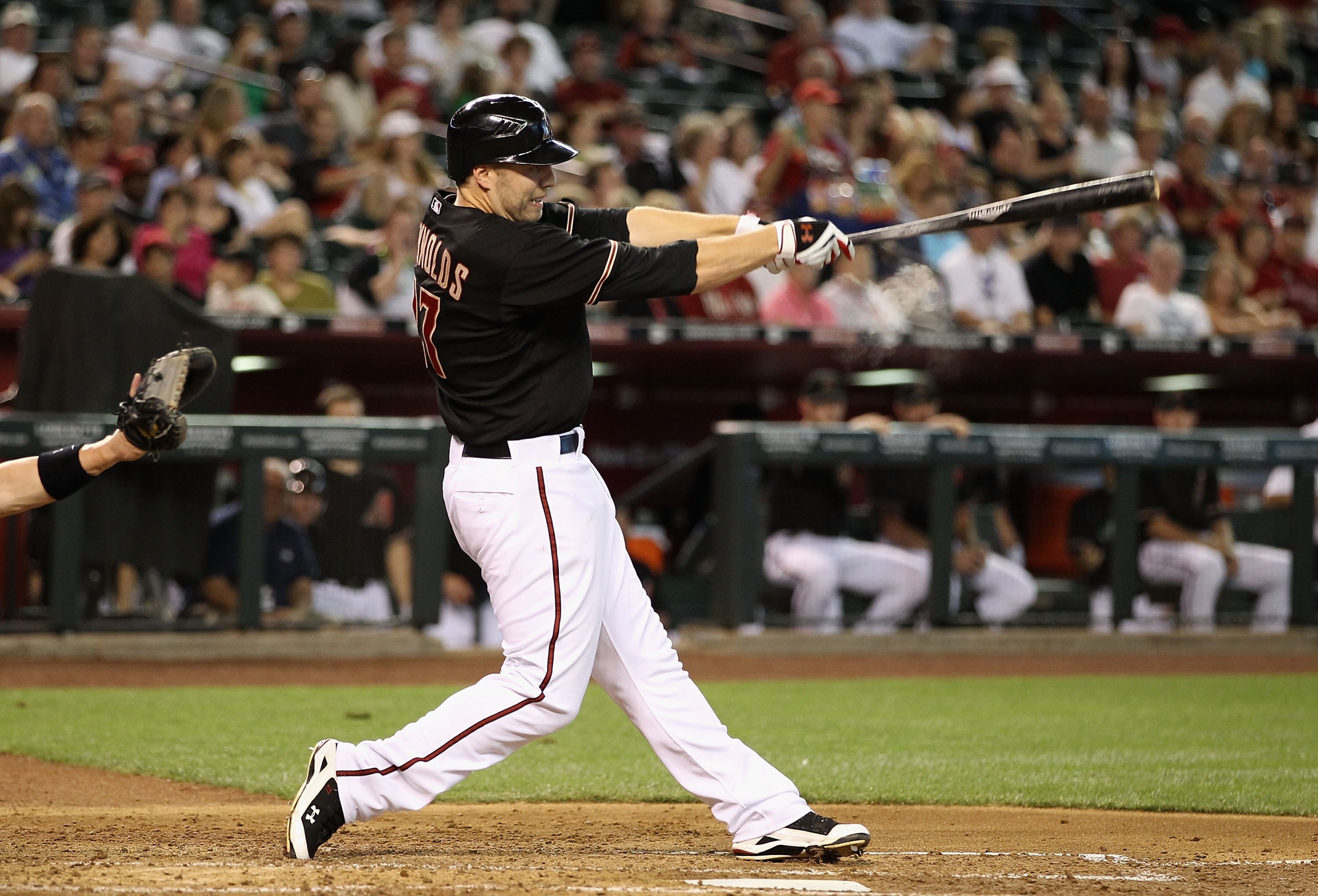 PHOENIX - MAY 22:  Mark Reynolds #27 of the Arizona Diamondbacks bats against the Toronto Blue Jays during the Major League Baseball game at Chase Field on May 22, 2010 in Phoenix, Arizona. The Diamondbacks defeated the Blue Jays 8-5.  (Photo by Christian